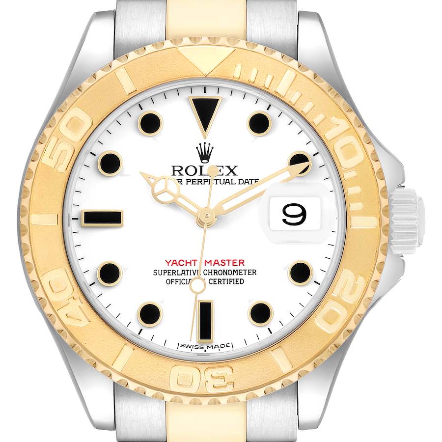 The Rolex Yacht-Master 16623 Men's Steel and Gold (two tone) White Dial watch is shown from a front angle, highlighting the dial, hands, date, and bezel.