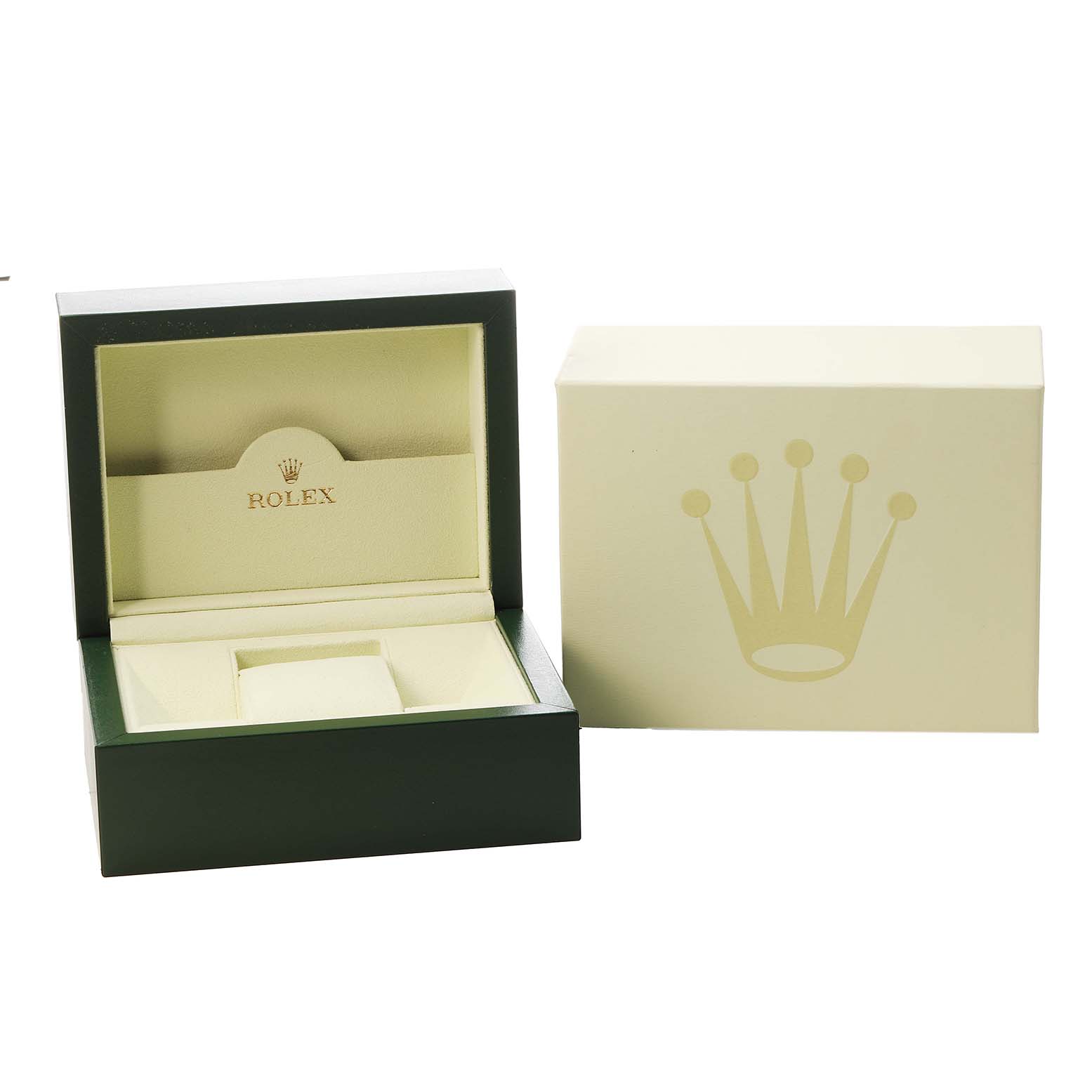 The image shows the open presentation box and outer box for a Rolex Yacht-Master 16623 Men's Steel and Gold (two tone) White Dial watch.