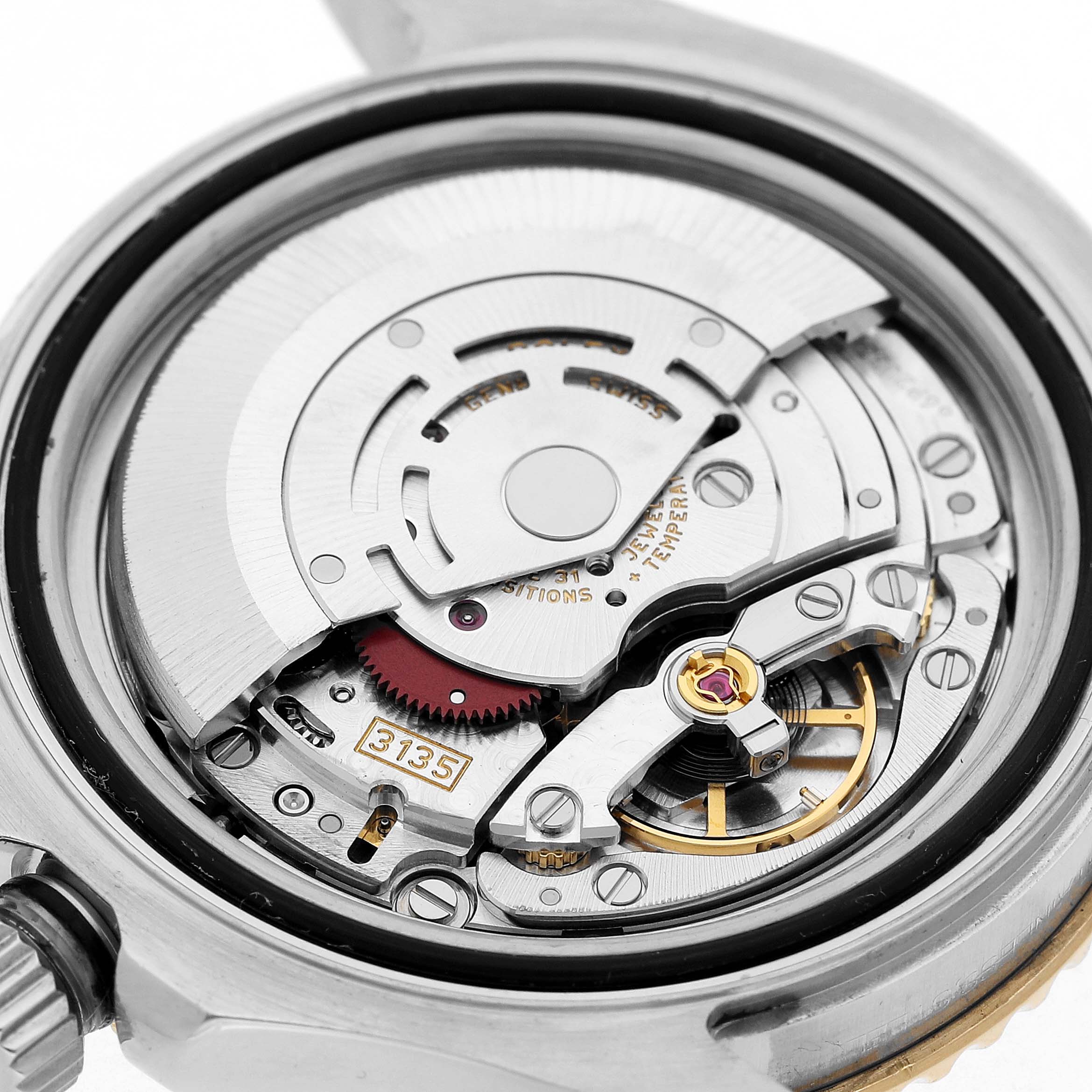 The image shows the back view of a Rolex Yacht-Master 16623 Men's Steel and Gold (two tone) White Dial watch, highlighting its intricate mechanical movement and components.