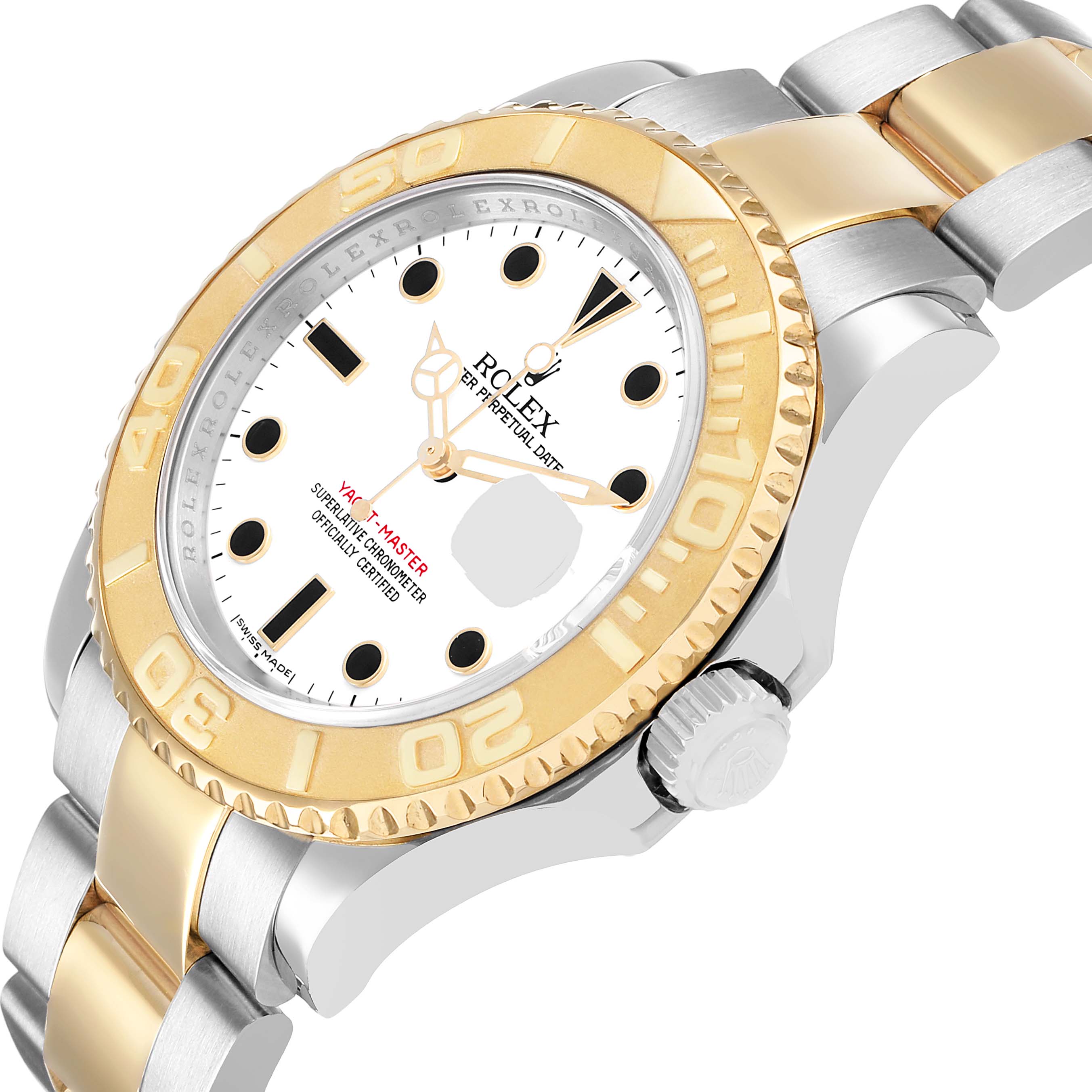 The Rolex Yacht-Master 16623 Men's Steel and Gold (two tone) White Dial watch is shown at an angled view, highlighting the gold bezel, face, and two-tone bracelet.