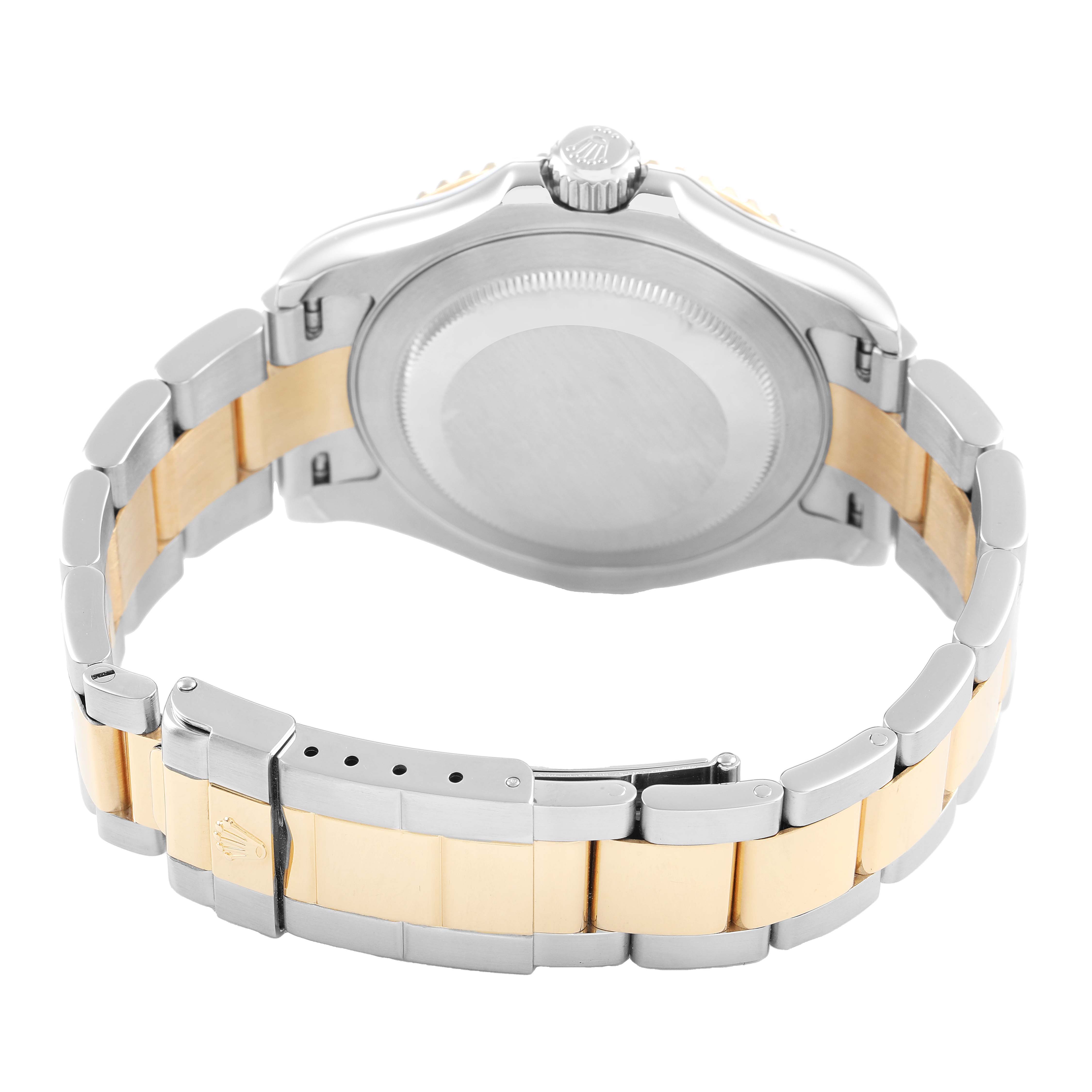 The image shows the back and clasp of a Rolex Yacht-Master 16623 Men's Steel and Gold (two tone) White Dial watch at an angle highlighting the case back and bracelet design.