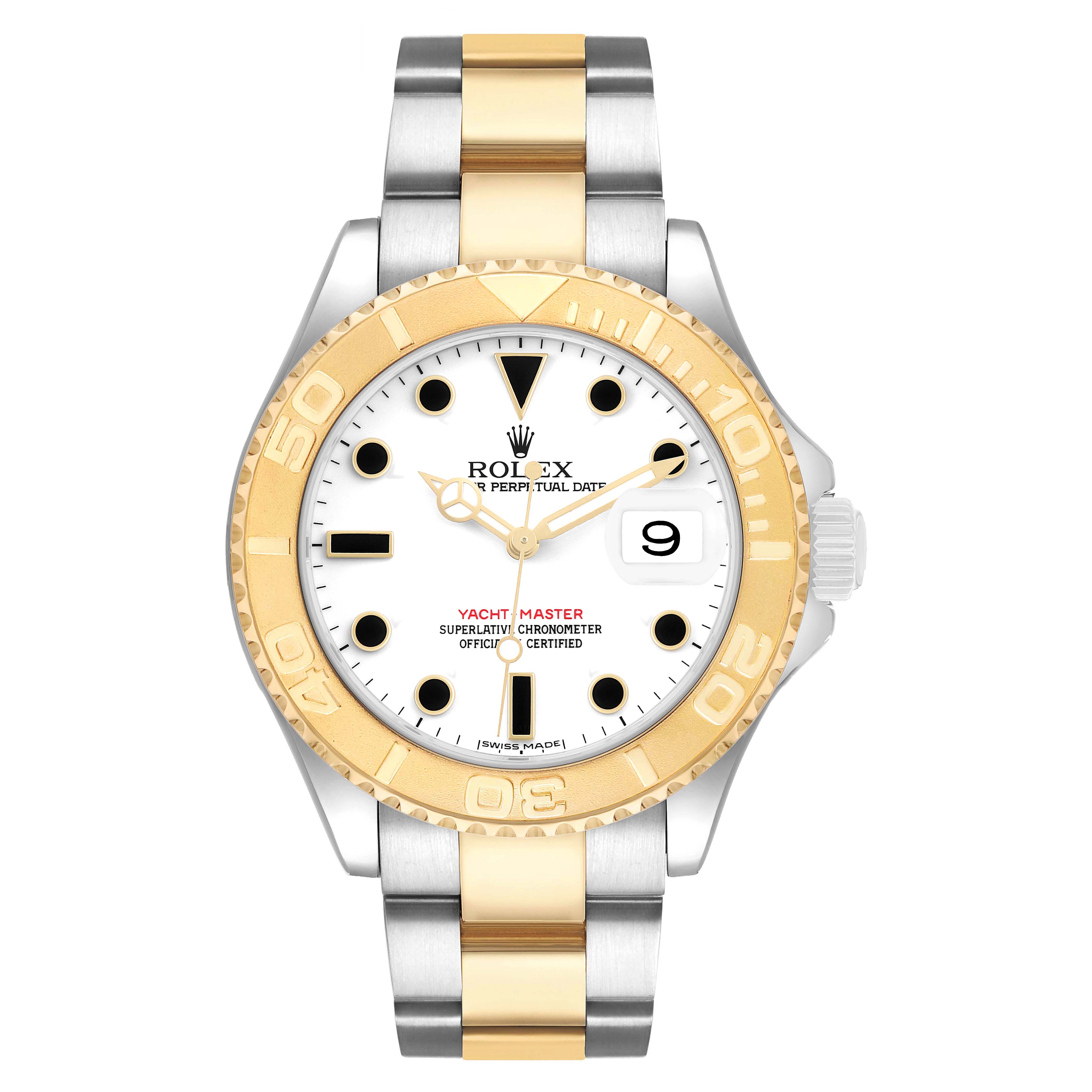 The Yacht-Master by Rolex is shown from a front view, displaying its dial, bezel, and bracelet.