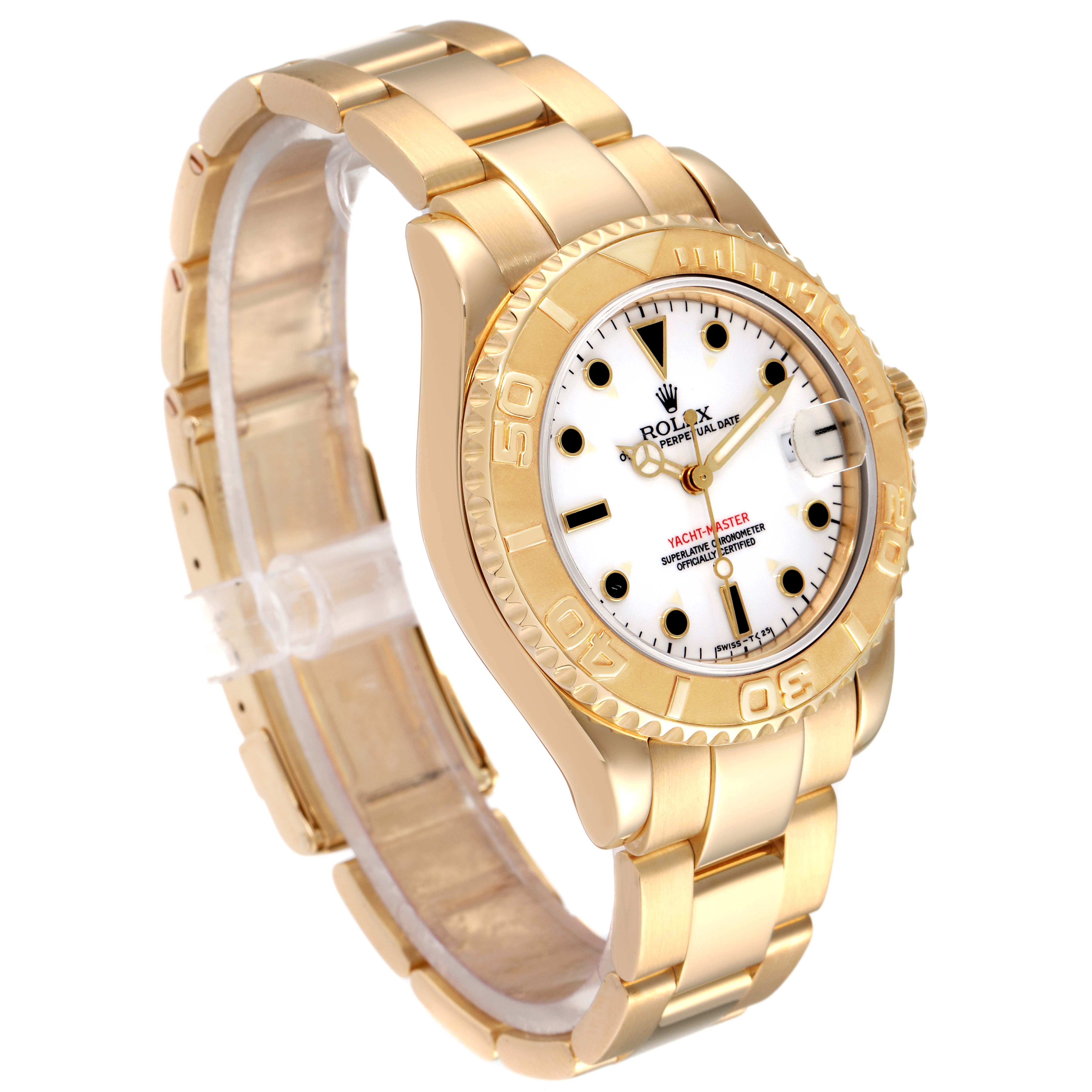 The image shows a side angle of the Rolex Yacht-Master 68628 Men's Yellow Gold White Dial 68628 Men's Yellow Gold White Dial watch, highlighting its gold case, bezel, bracelet, and white dial.