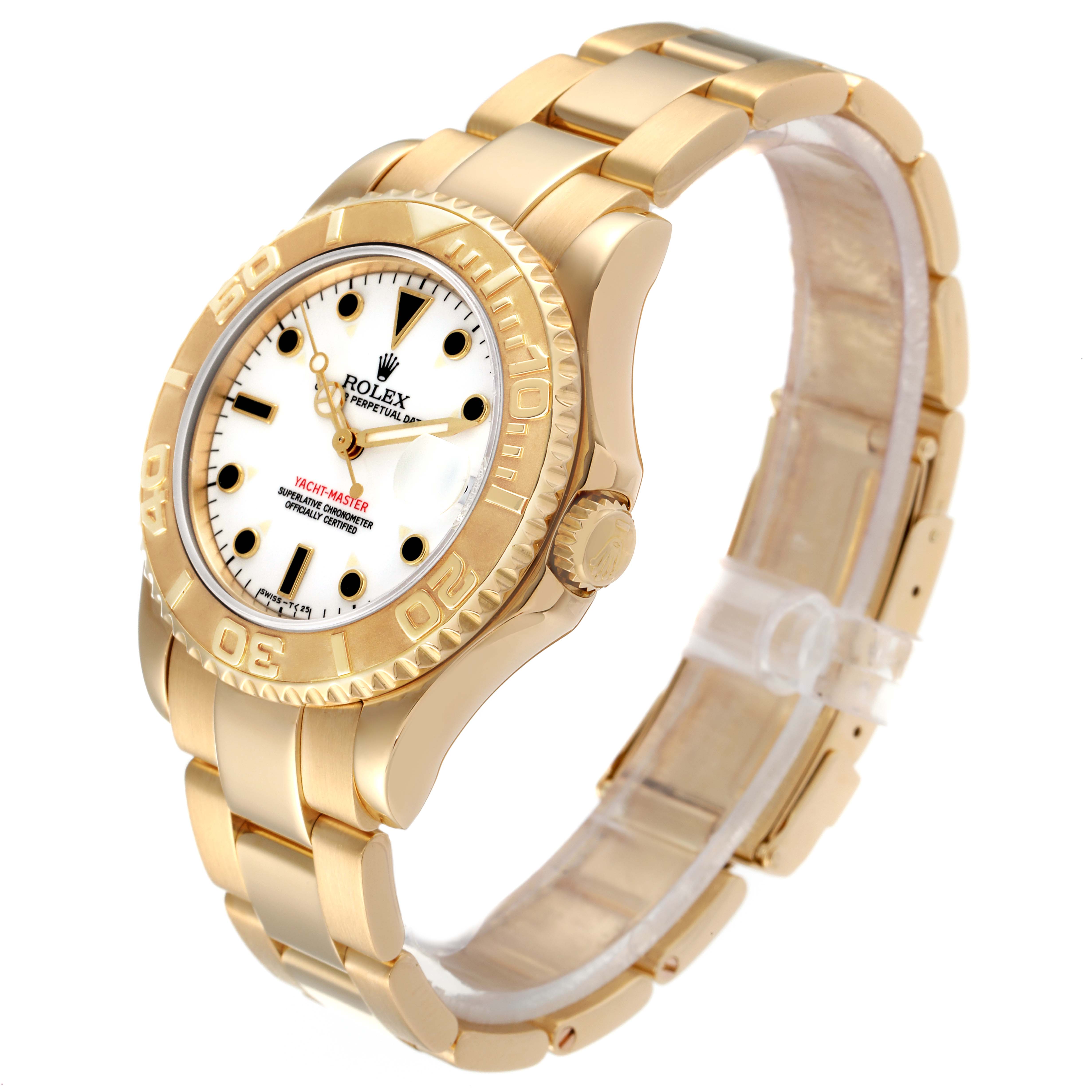 This image shows the Rolex Yacht-Master 68628 Men's Yellow Gold White Dial 68628 Men's Yellow Gold White Dial watch at an angled view, highlighting the face, bezel, crown, and bracelet.
