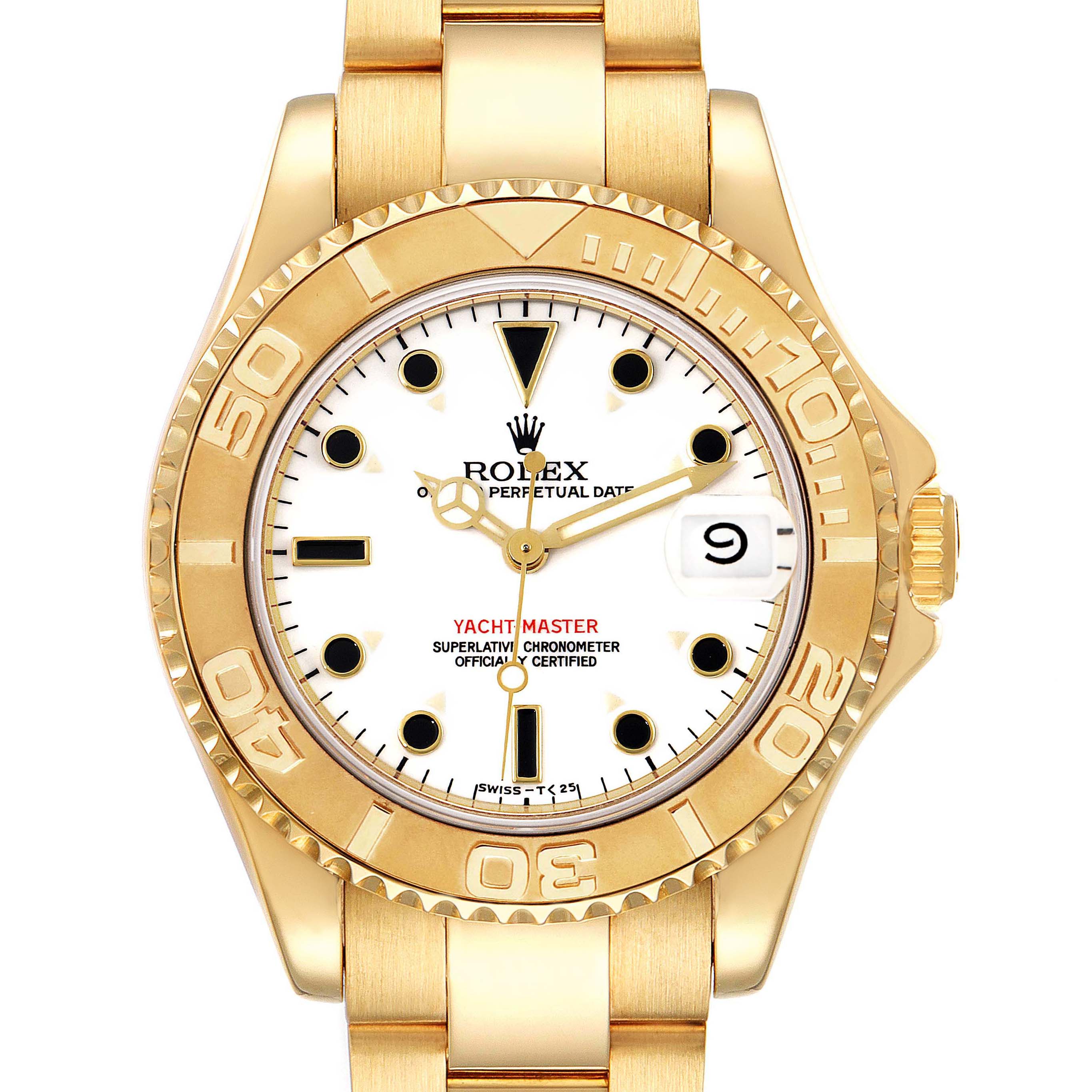 The image shows a front view of the Rolex Yacht-Master 68628 Men's Yellow Gold White Dial 68628 Men's Yellow Gold White Dial watch, highlighting the face, bezel, crown, and bracelet.