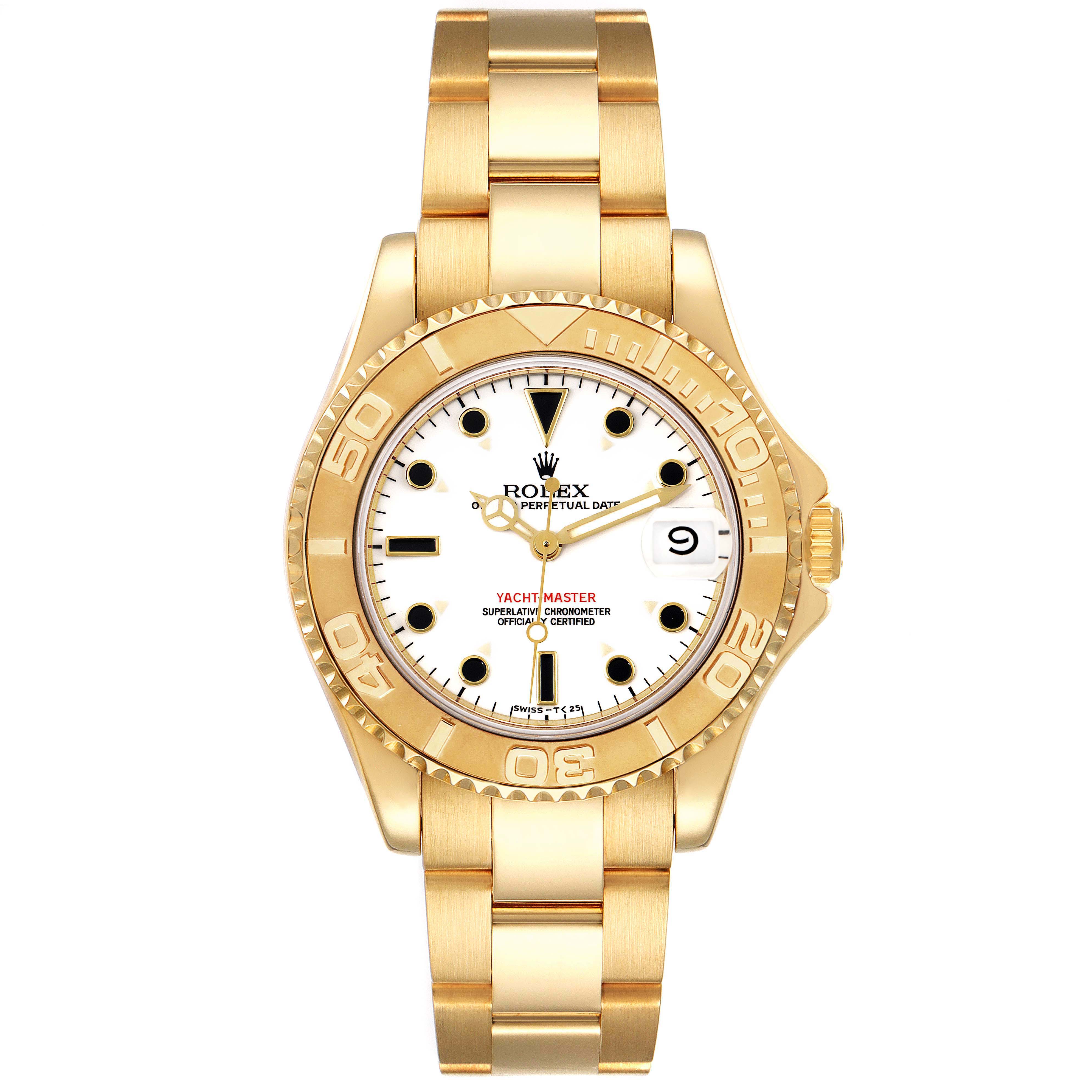 The image shows a front view of the Rolex Yacht-Master 68628 Men's Yellow Gold White Dial 68628 Men's Yellow Gold White Dial watch with a gold case, bezel, and bracelet.
