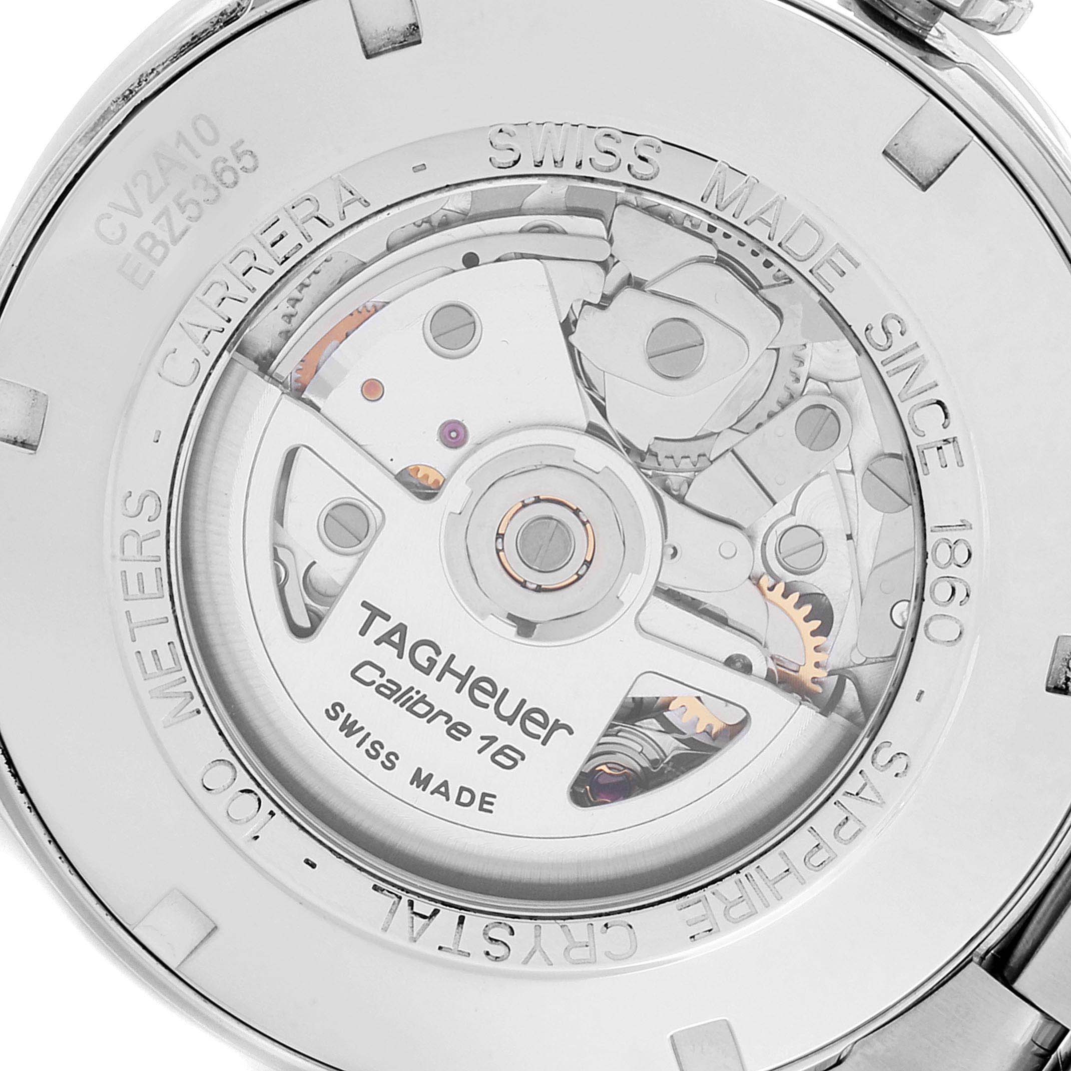 The image shows the back of a Tag Heuer Carrera CV2A10.BA0796 Men
s Stainless Steel Black Dial CV2A10.BA0796 Men
s Stainless Steel Black Dial watch, highlighting the Calibre 16 movement and "Swiss Made" marking.
