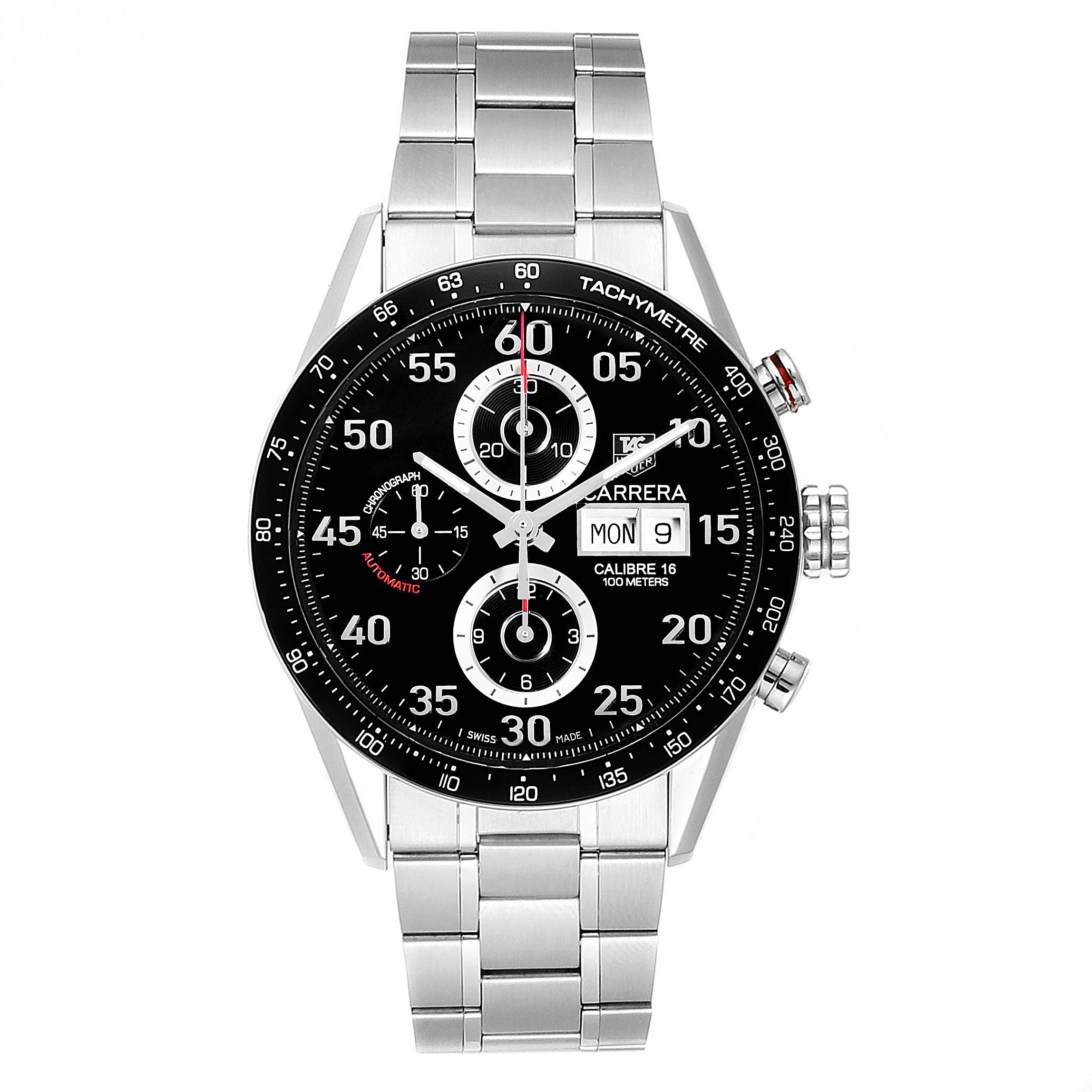 The image shows a front view of the Tag Heuer Carrera CV2A10.BA0796 Men
s Stainless Steel Black Dial CV2A10.BA0796 Men
s Stainless Steel Black Dial watch, displaying the dial, tachymeter bezel, and stainless steel bracelet.