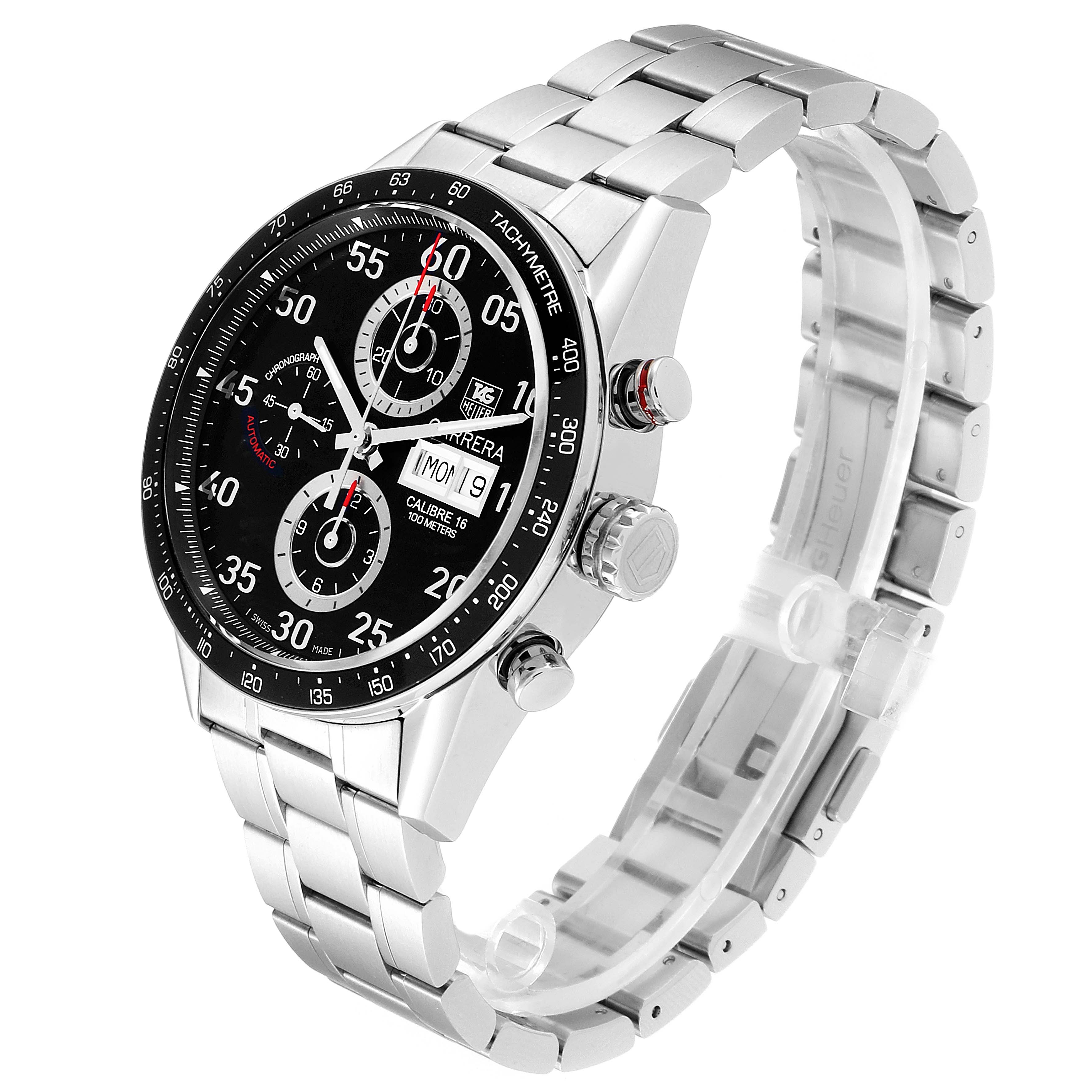 The image shows a side angle of the Tag Heuer Carrera CV2A10.BA0796 Men
s Stainless Steel Black Dial CV2A10.BA0796 Men
s Stainless Steel Black Dial watch, highlighting its dial, bezel, buttons, and silver metal bracelet.