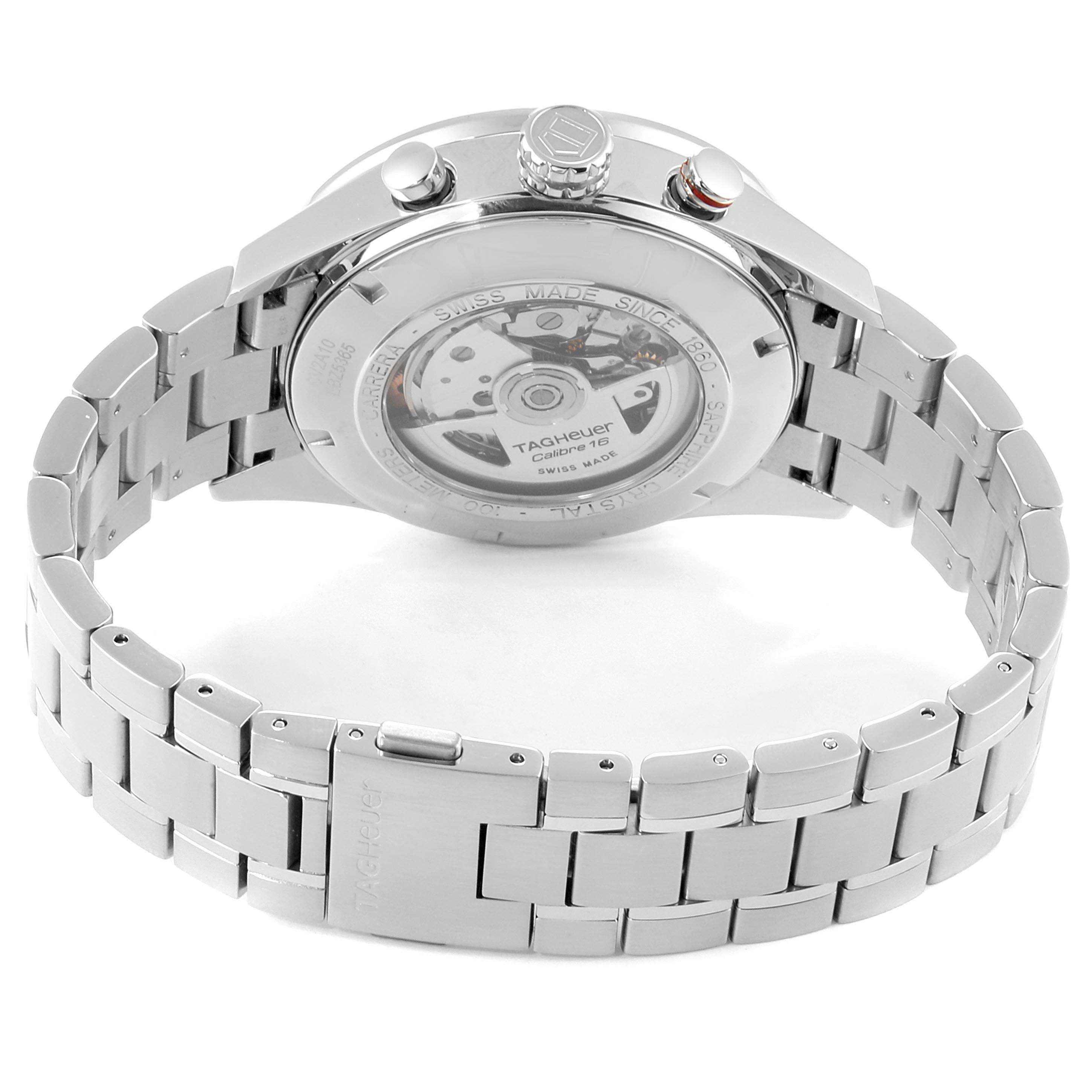 The image shows the back view of the Tag Heuer Carrera CV2A10.BA0796 Men
s Stainless Steel Black Dial CV2A10.BA0796 Men
s Stainless Steel Black Dial watch, including the bracelet, clasp, and transparent case back.