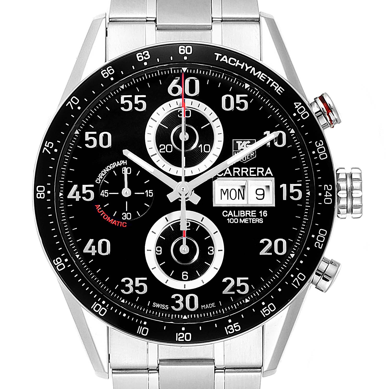 The image shows a frontal view of the Tag Heuer Carrera CV2A10.BA0796 Men
s Stainless Steel Black Dial CV2A10.BA0796 Men
s Stainless Steel Black Dial watch, highlighting the dial, chronograph subdials, and tachymeter bezel.