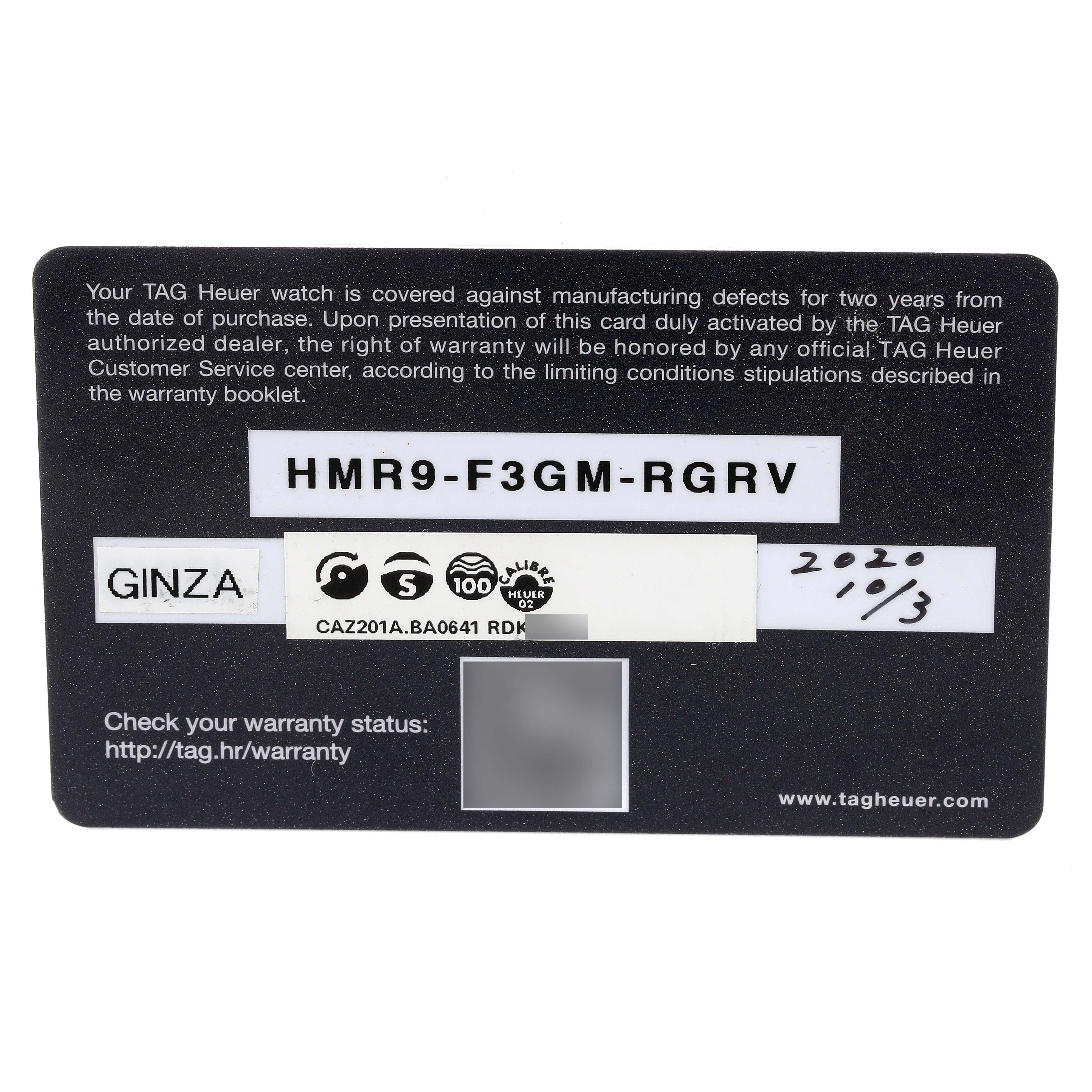 The image shows the warranty card for a Tag Heuer Formula 1 CAZ201A.BA0641 Men's Stainless Steel Black Dial CAZ201A.BA0641 Men's Stainless Steel Black Dial CAZ201A.BA0641 watch.