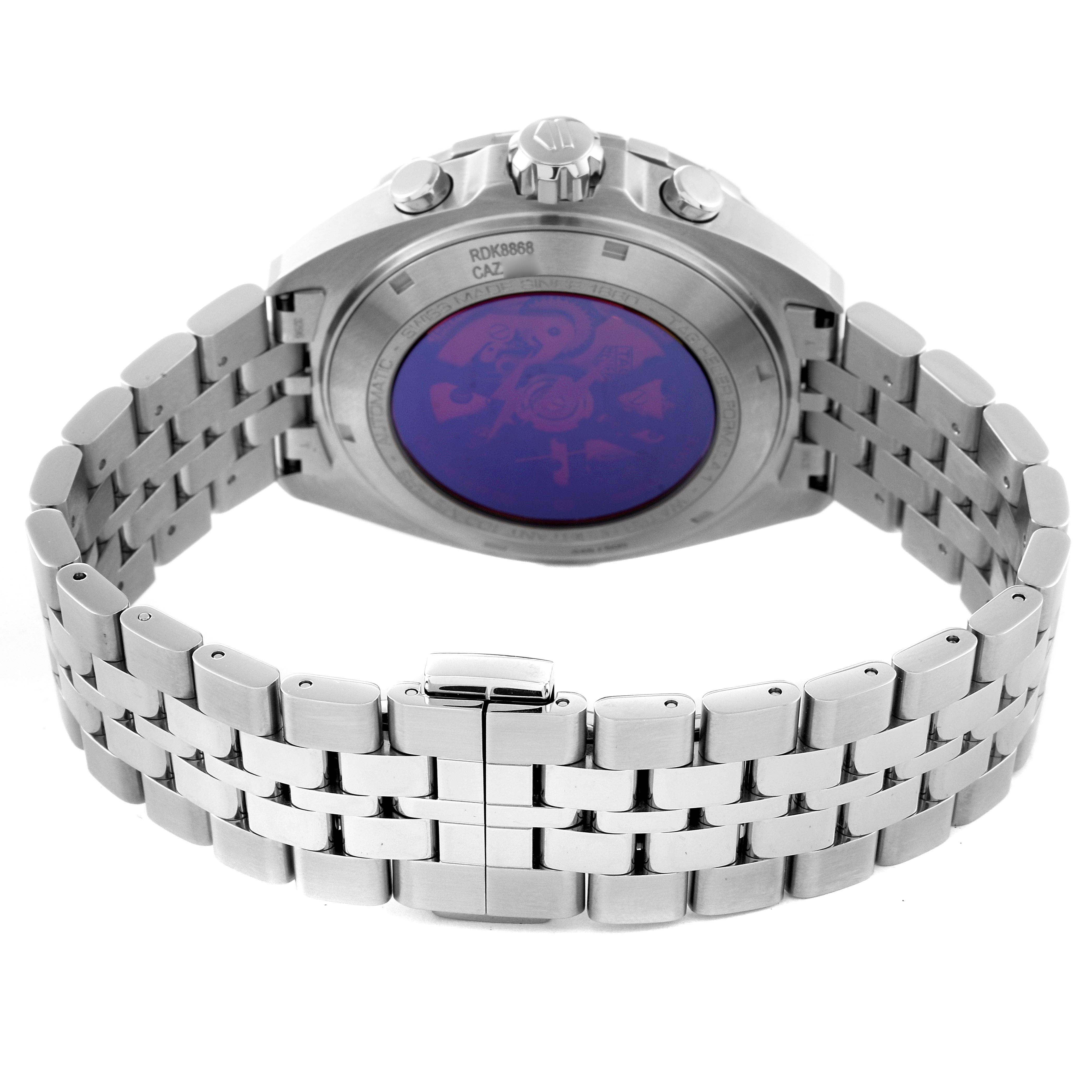 The image shows the back view of the Tag Heuer Formula 1 CAZ201A.BA0641 Men's Stainless Steel Black Dial CAZ201A.BA0641 Men's Stainless Steel Black Dial watch, highlighting the case back, crown, pushers, and stainless steel bracelet.