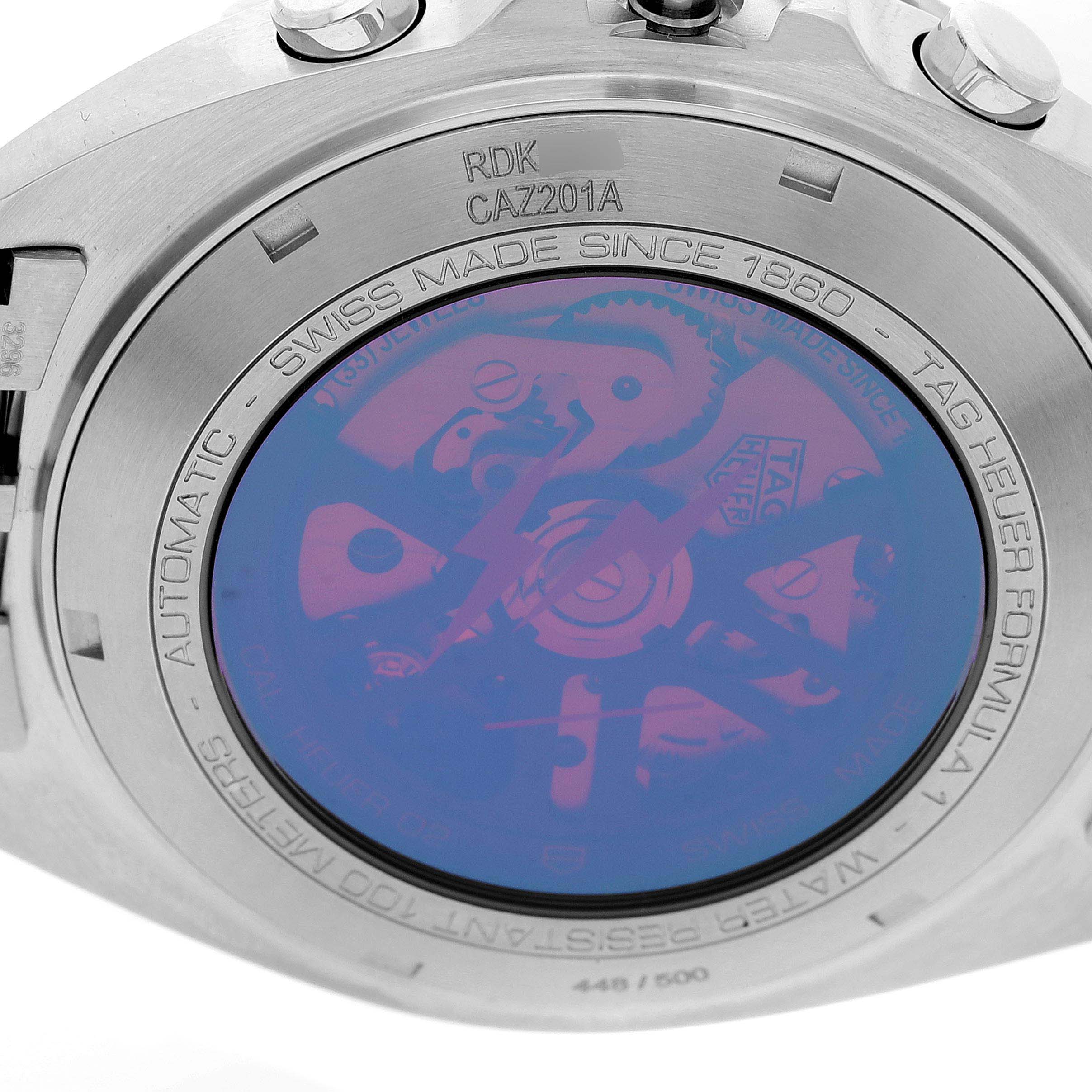 The image shows the back of the Tag Heuer Formula 1 CAZ201A.BA0641 Men's Stainless Steel Black Dial CAZ201A.BA0641 Men's Stainless Steel Black Dial watch, showcasing its automatic movement and the engraving details.