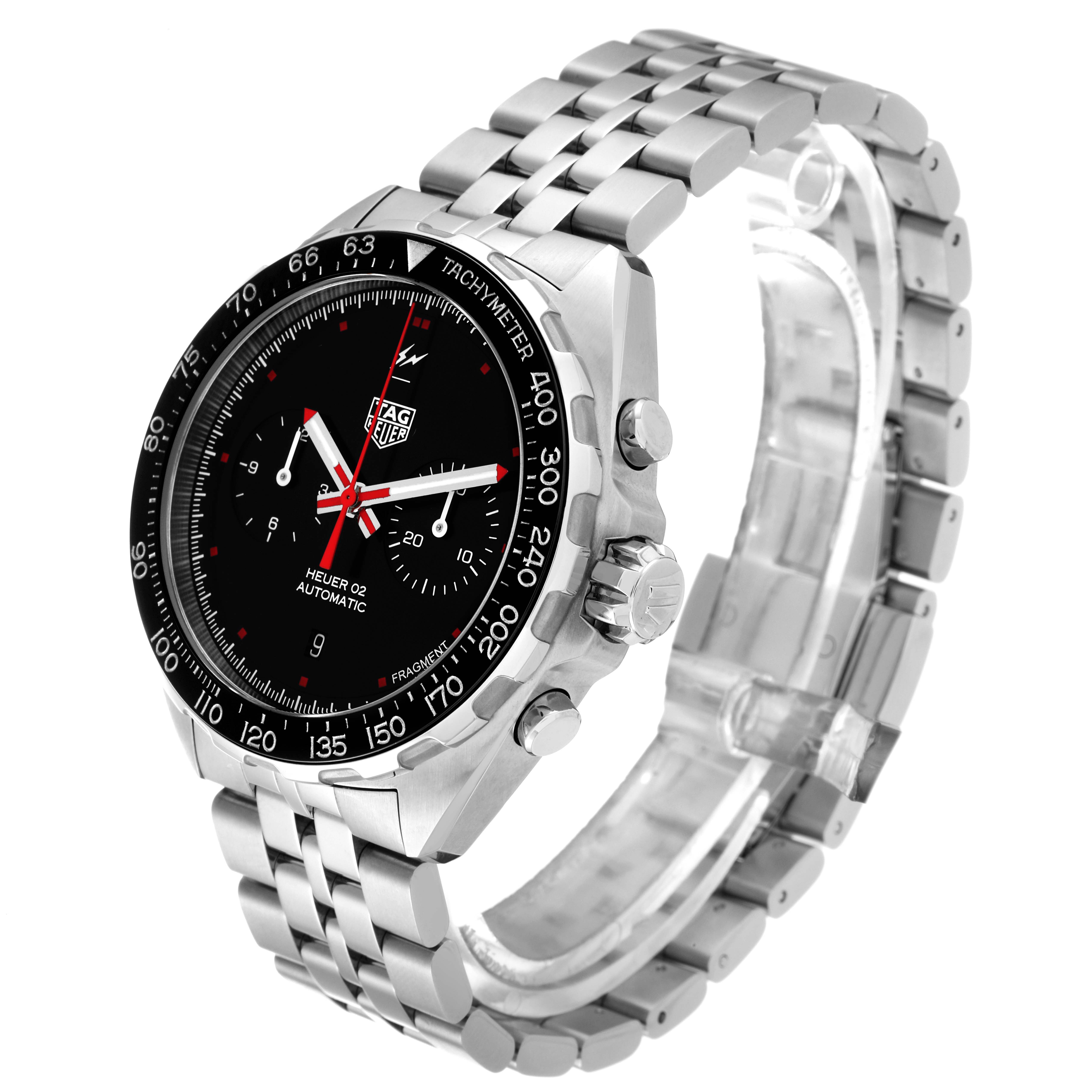 The Tag Heuer Formula 1 CAZ201A.BA0641 Men's Stainless Steel Black Dial CAZ201A.BA0641 Men's Stainless Steel Black Dial watch is shown at a three-quarter angle, highlighting the black dial, tachymeter, and stainless steel bracelet.