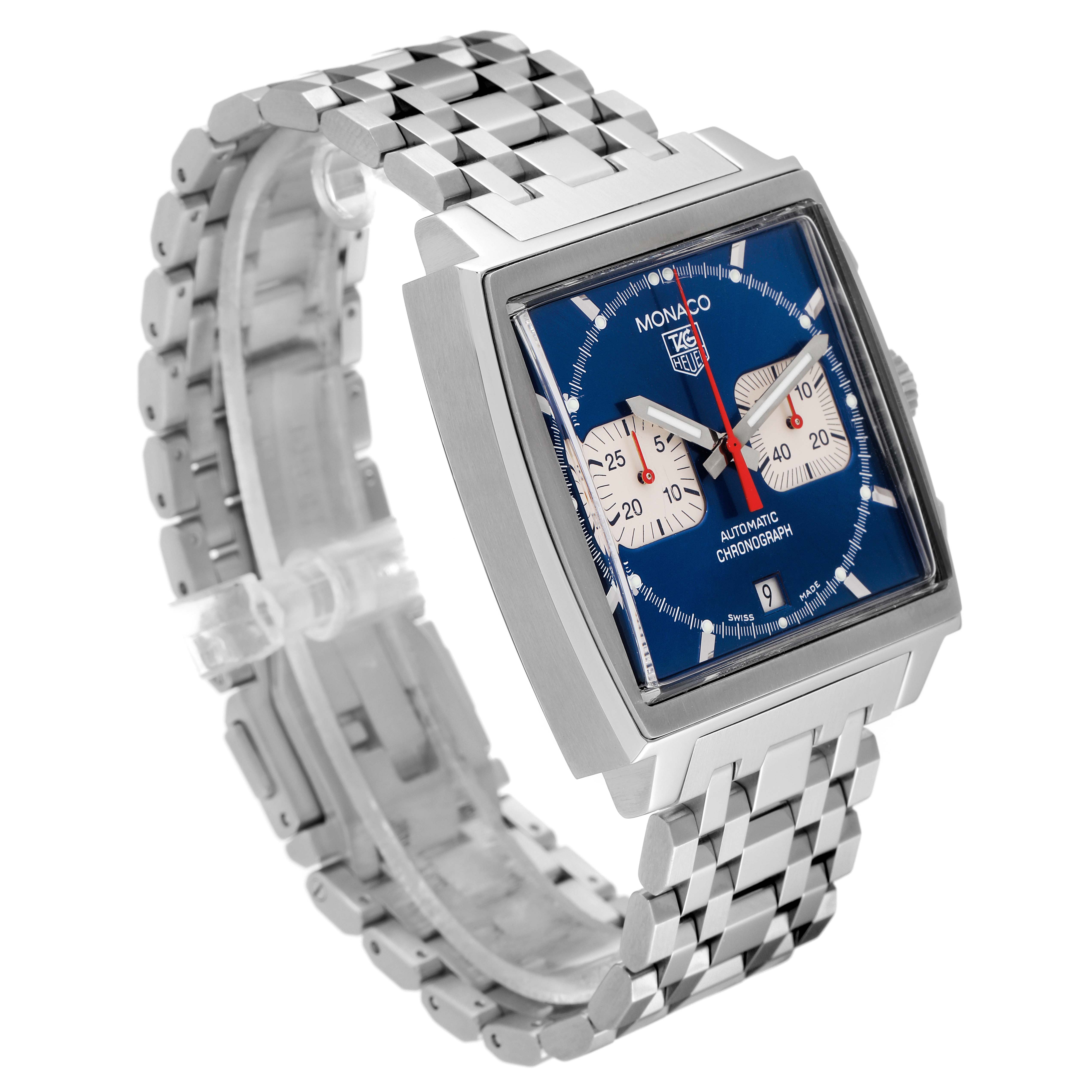 The image shows a three-quarter angle view of the Tag Heuer Monaco CW2113.BA0780 Men's Stainless Steel Blue Dial CW2113.BA0780 Men's Stainless Steel Blue Dial watch, highlighting its blue dial and stainless steel bracelet.