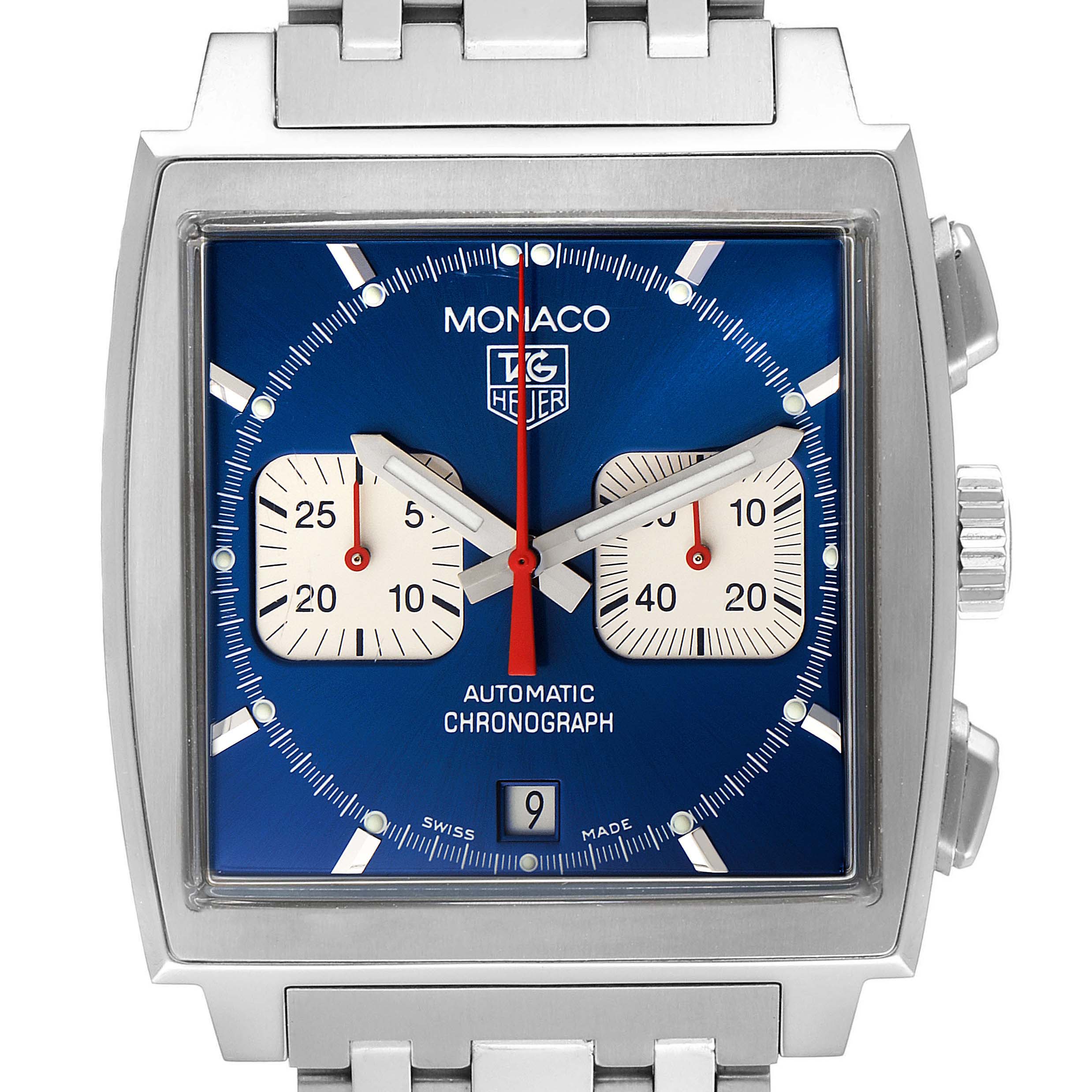 The image shows a front view of the Tag Heuer Monaco CW2113.BA0780 Men's Stainless Steel Blue Dial CW2113.BA0780 Men's Stainless Steel Blue Dial watch, displaying its dial, chronograph subdials, and part of the bracelet.