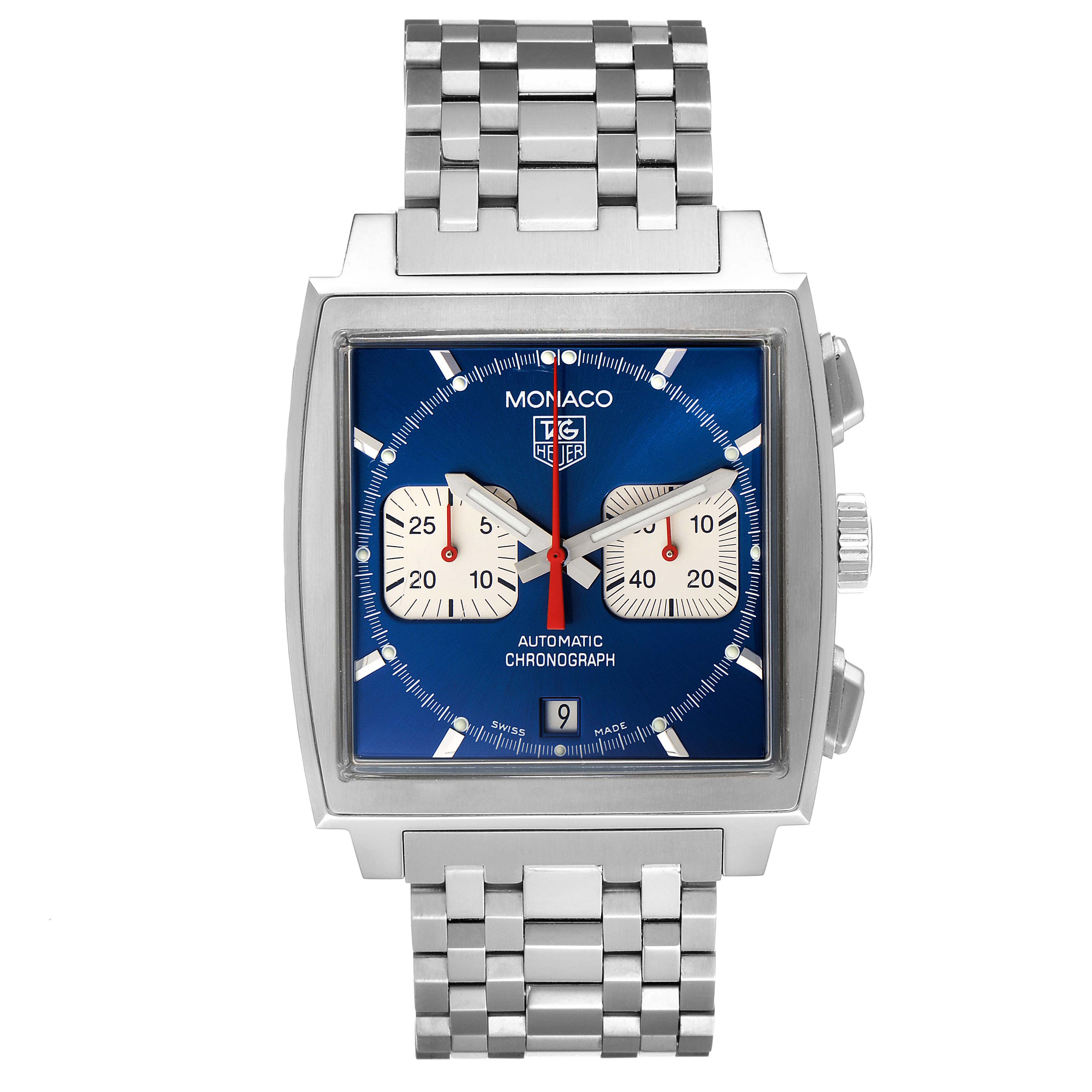 This image shows a Tag Heuer Monaco CW2113.BA0780 Men's Stainless Steel Blue Dial CW2113.BA0780 Men's Stainless Steel Blue Dial watch from a front angle, highlighting the blue dial, square case, and metal bracelet.