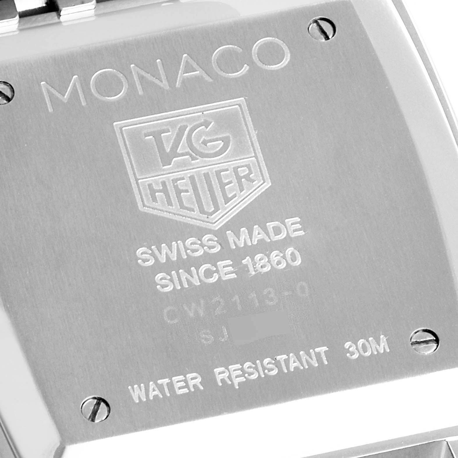 The image shows the back of a Tag Heuer Monaco CW2113.BA0780 Men's Stainless Steel Blue Dial CW2113.BA0780 Men's Stainless Steel Blue Dial watch, highlighting the brand logo, model details, and water resistance information.