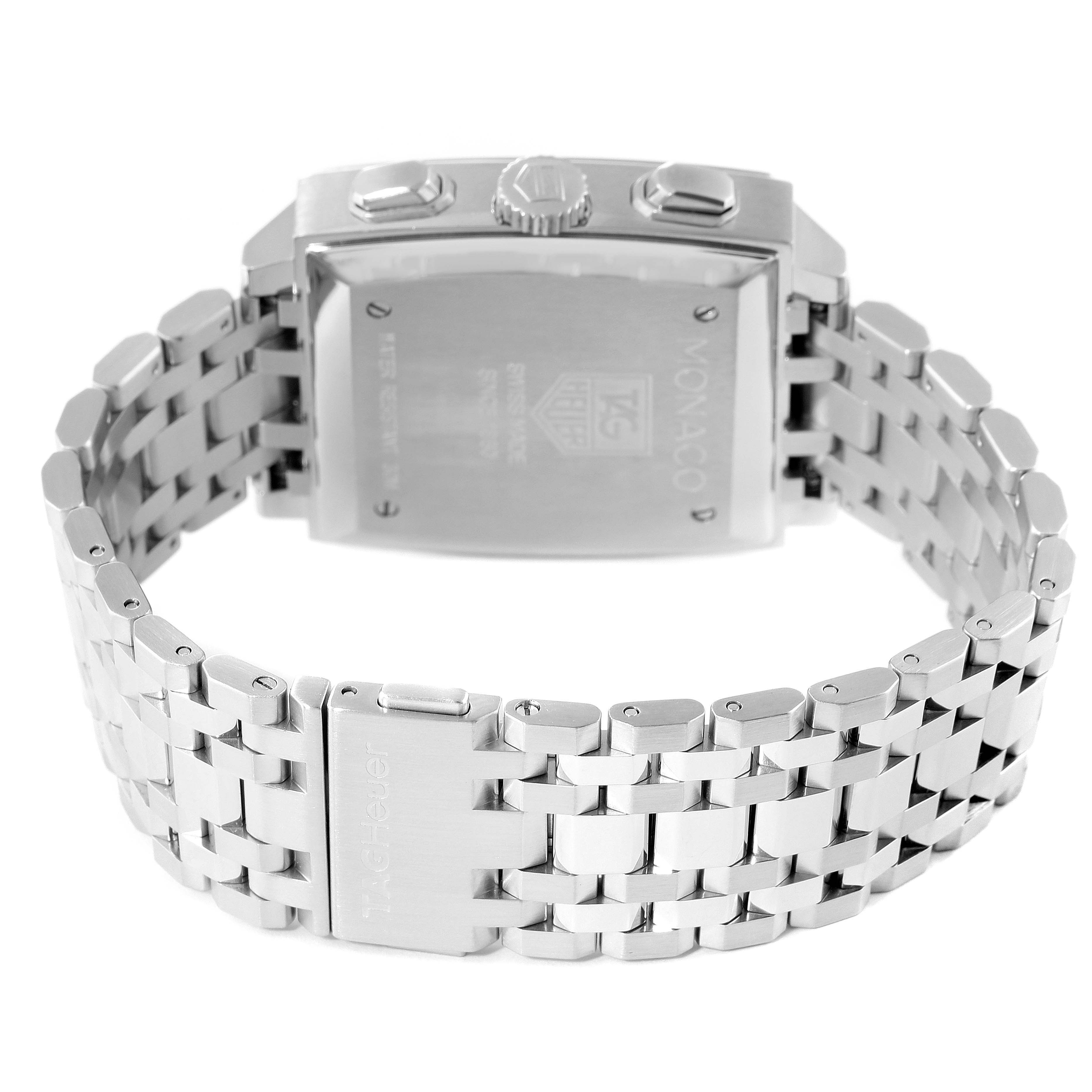 The image shows the back view of the Tag Heuer Monaco CW2113.BA0780 Men's Stainless Steel Blue Dial CW2113.BA0780 Men's Stainless Steel Blue Dial watch, highlighting its stainless steel case, bracelet, and clasp.