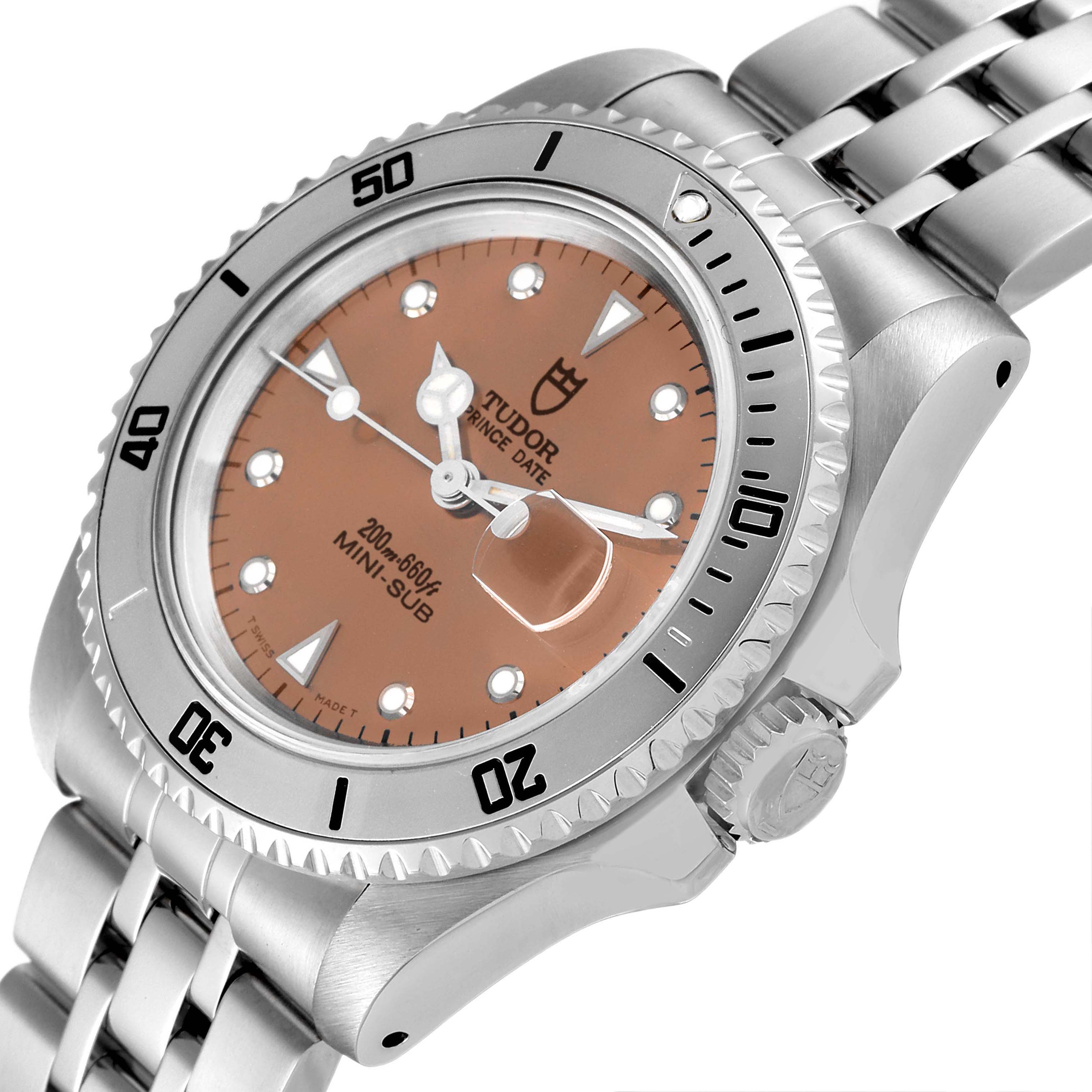 This image shows a side angle of the Tudor Prince Date Mini-Sub watch, highlighting the dial, bezel, crown, and bracelet.