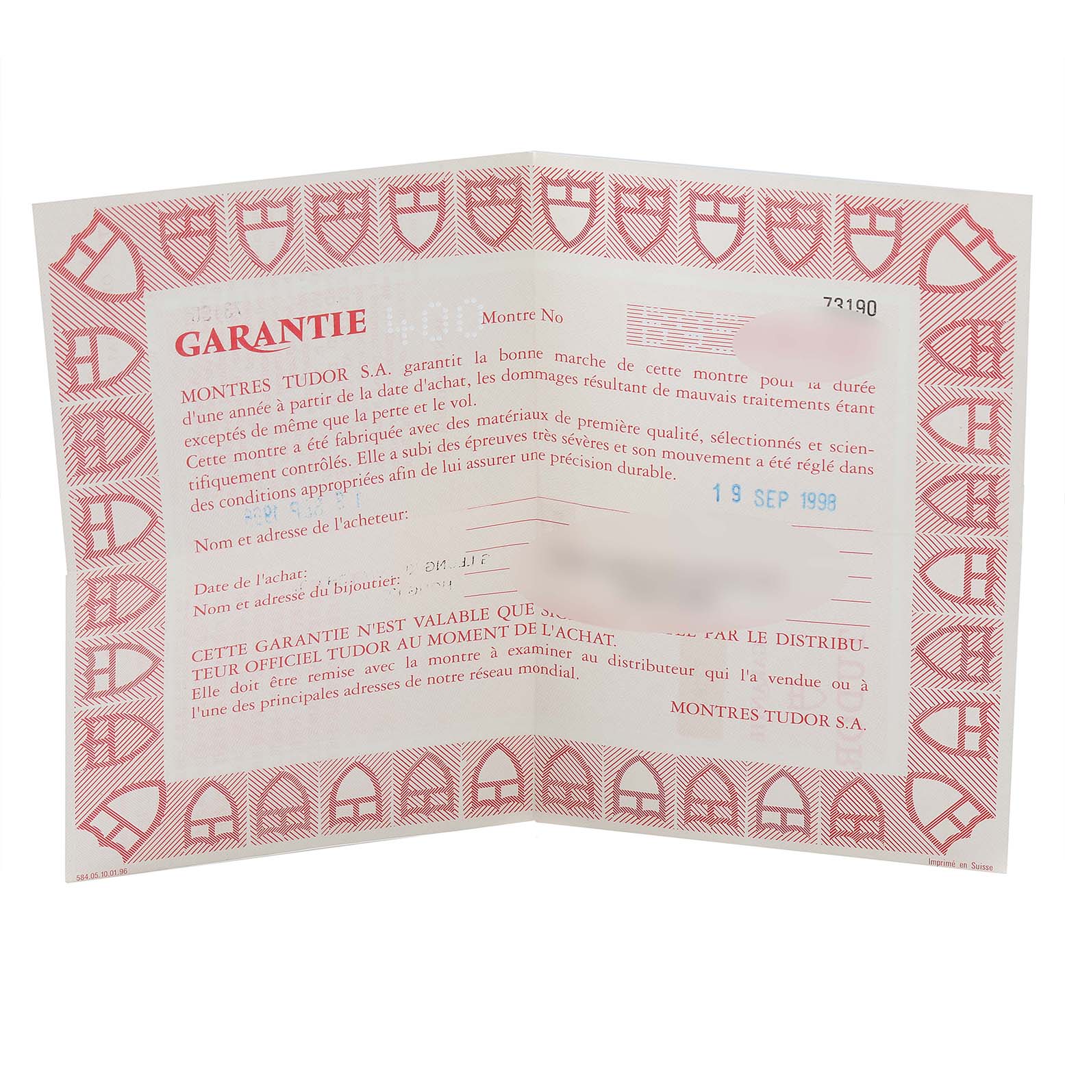 The image shows an official warranty card for a Tudor Prince model watch, featuring details in red and white.