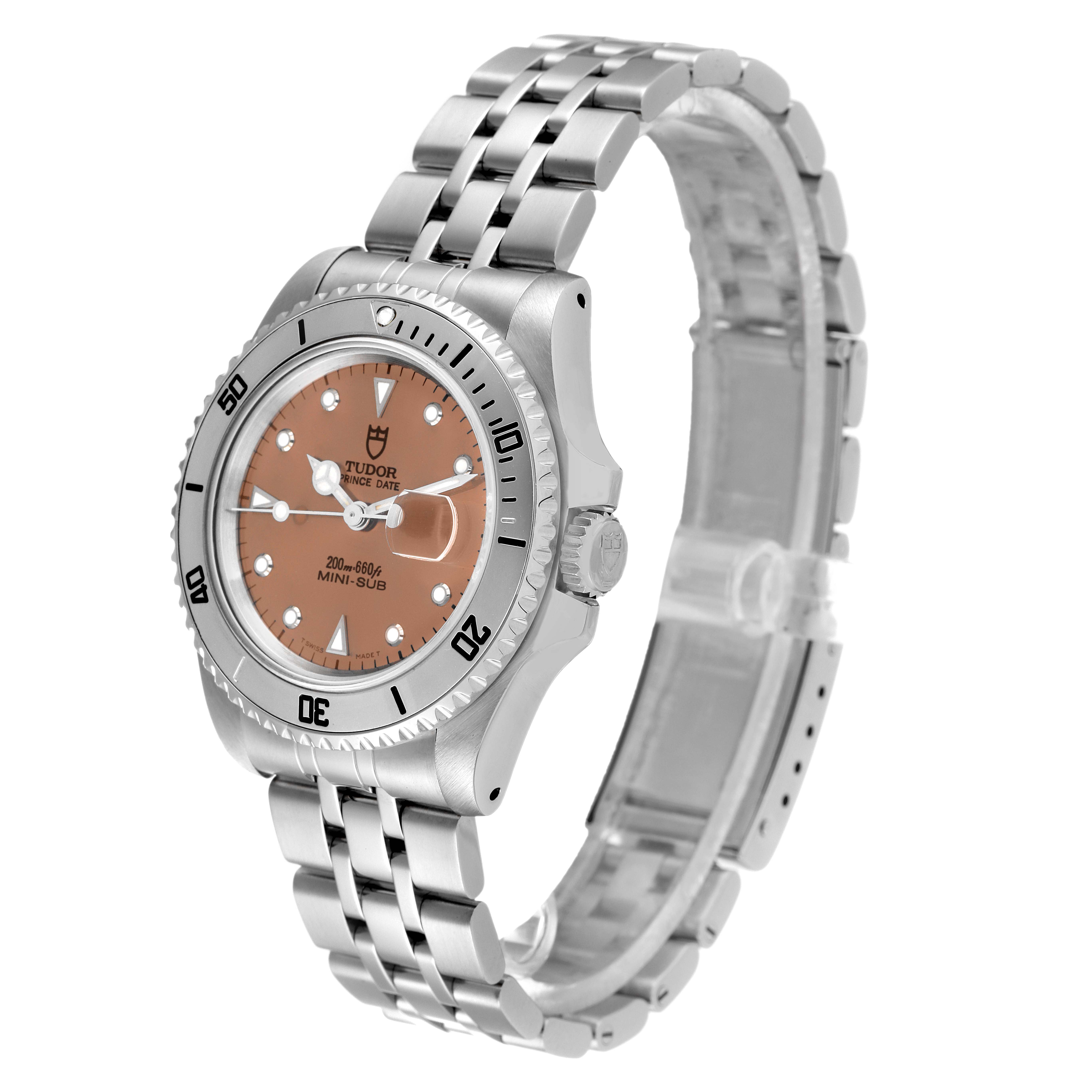 The image shows a Tudor Prince model watch at a three-quarter angle displaying the face, bezel, crown, and bracelet.