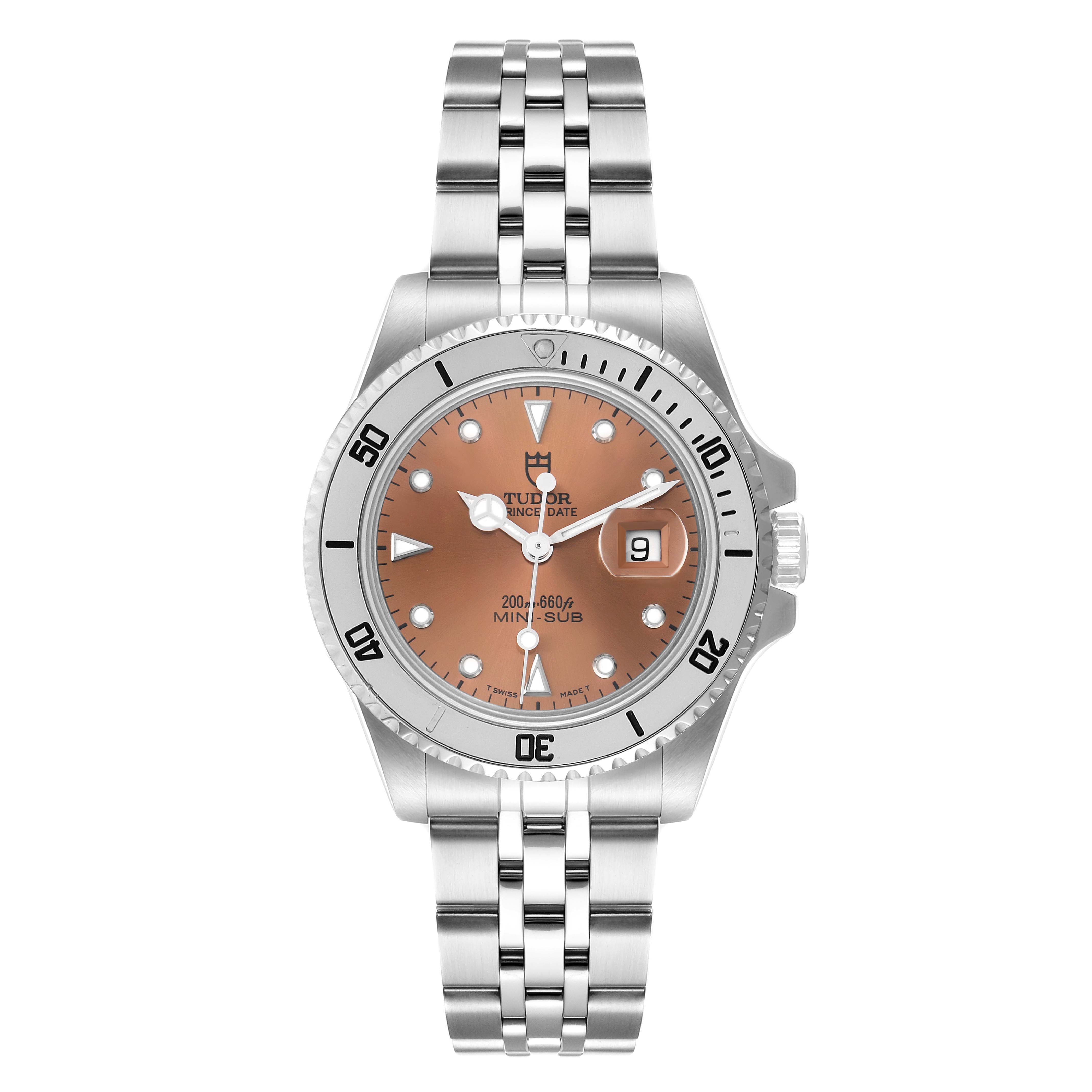 The image shows a front view of a Tudor Prince Mini Sub with a brown dial, date window, and stainless steel bracelet.