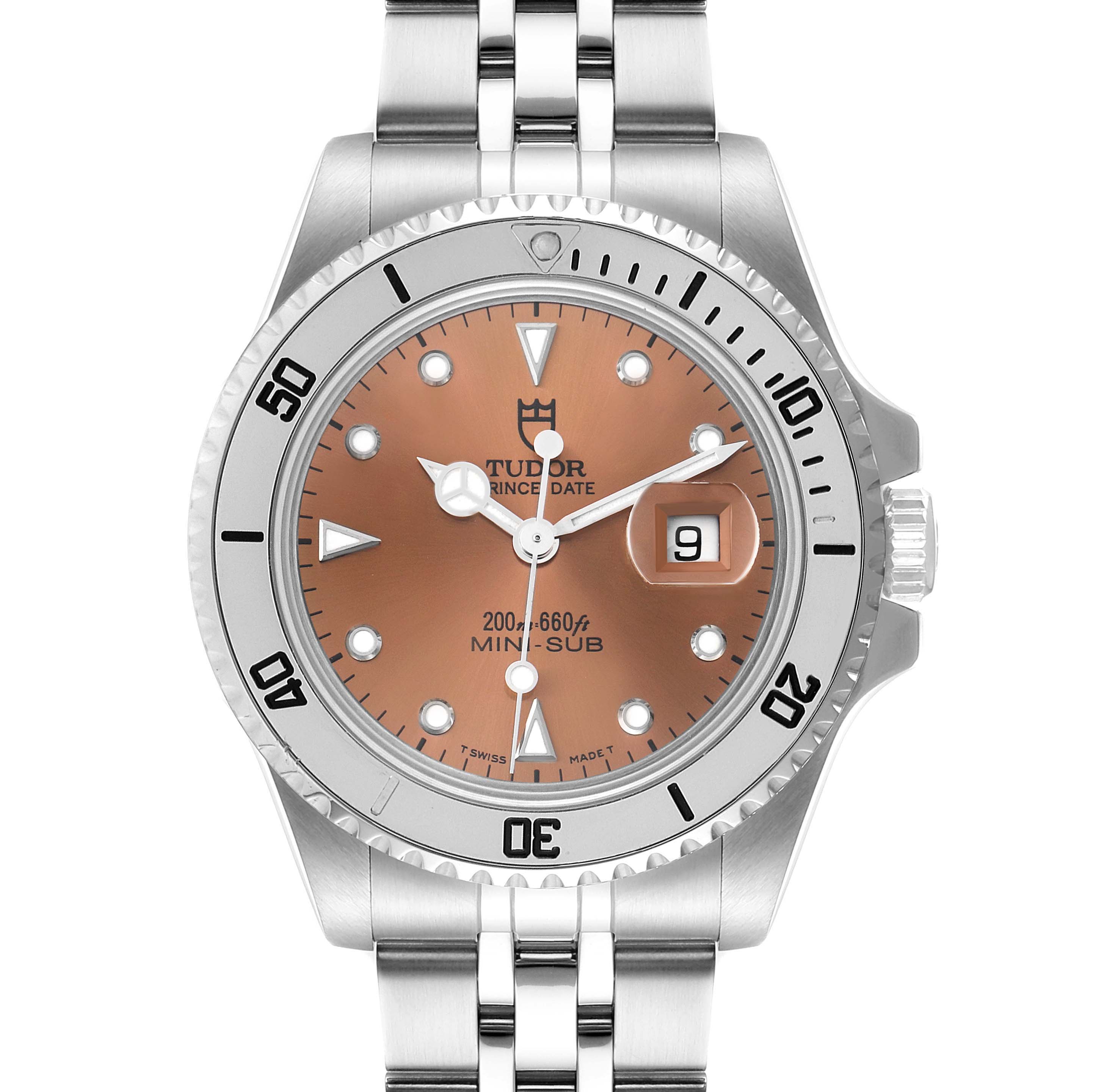The image shows a front view of the Tudor Submariner 73190 Men's Stainless Steel Pink Dial 73190 Men's Stainless Steel Pink Dial watch, highlighting the dial, bezel, and bracelet.