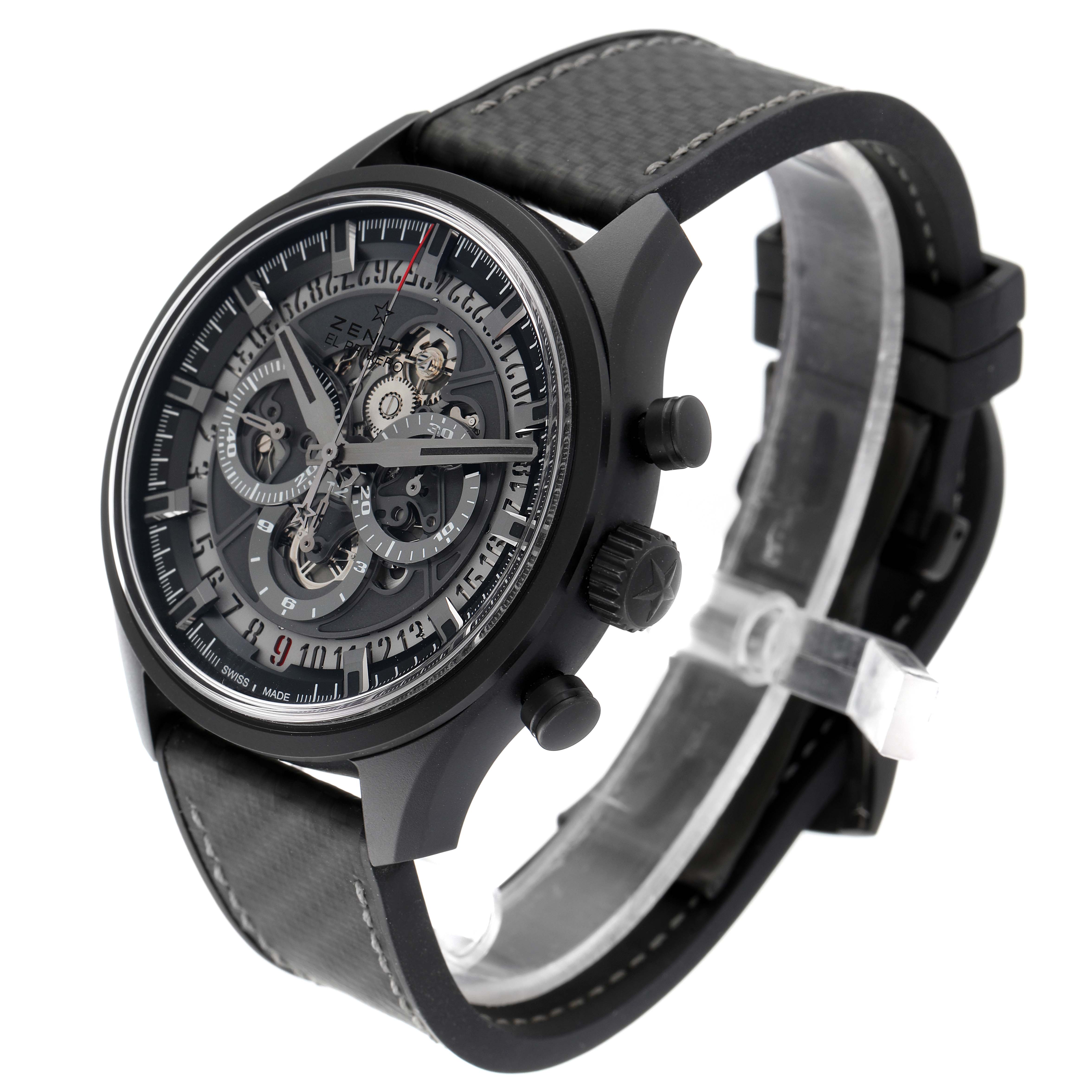 This photo shows a Zenith El Primero 24.2520.400 Men's Ceramic Grey Dial 24.2520.400 Men's Ceramic Grey Dial watch at a three-quarter angle, highlighting the face, side buttons, and strap.