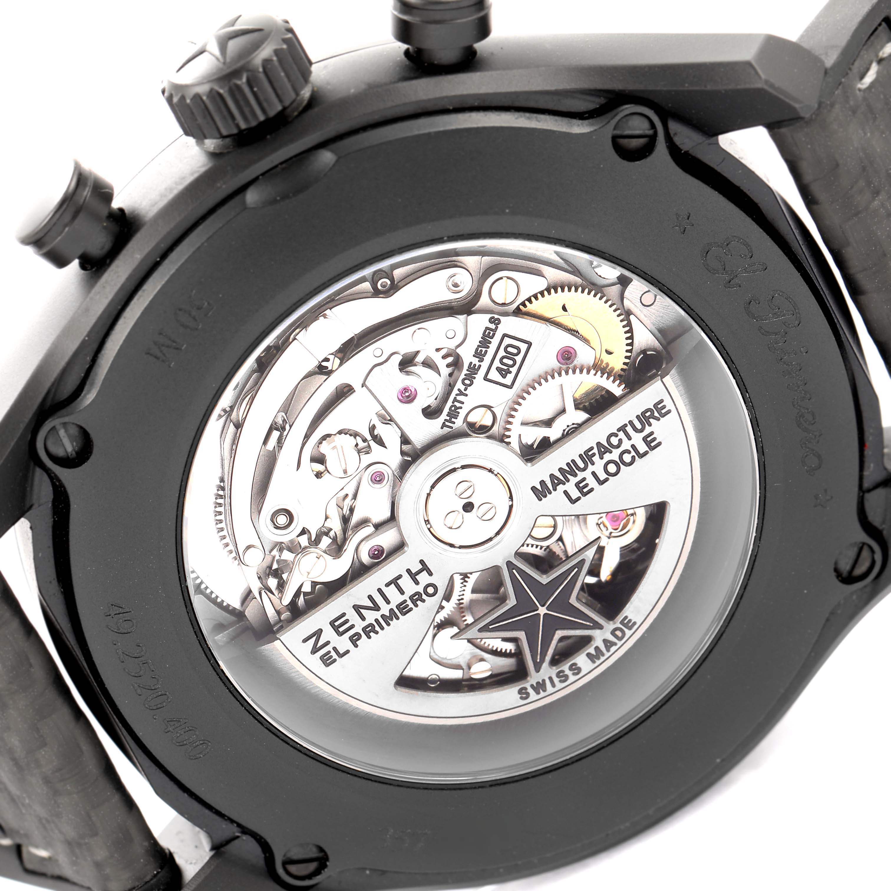 This image shows the back view of a Zenith El Primero 24.2520.400 Men's Ceramic Grey Dial 24.2520.400 Men's Ceramic Grey Dial watch, highlighting its automatic movement mechanism.