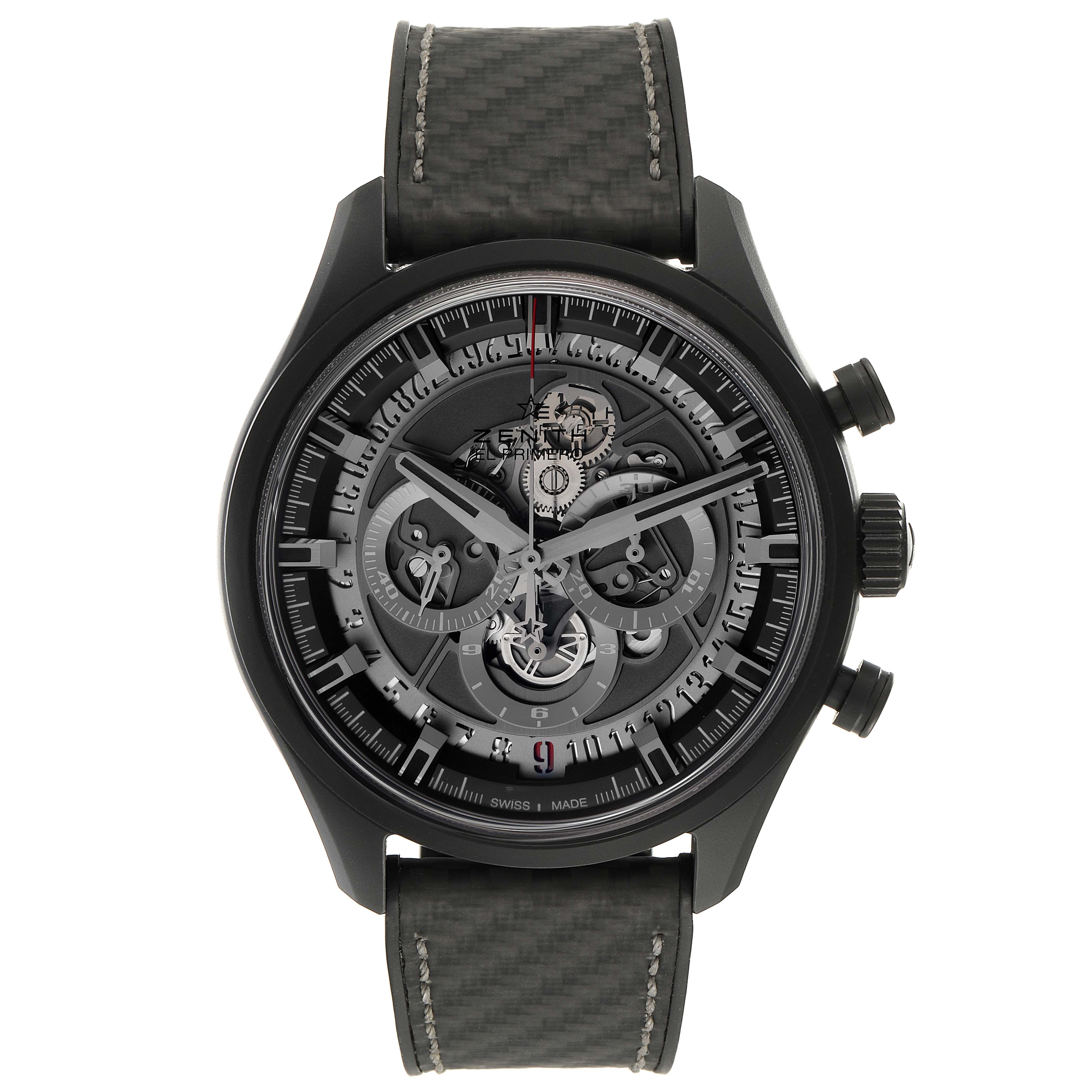 The Zenith El Primero 24.2520.400 Men's Ceramic Grey Dial 24.2520.400 Men's Ceramic Grey Dial watch is shown from the front, displaying its dial, hands, and strap.