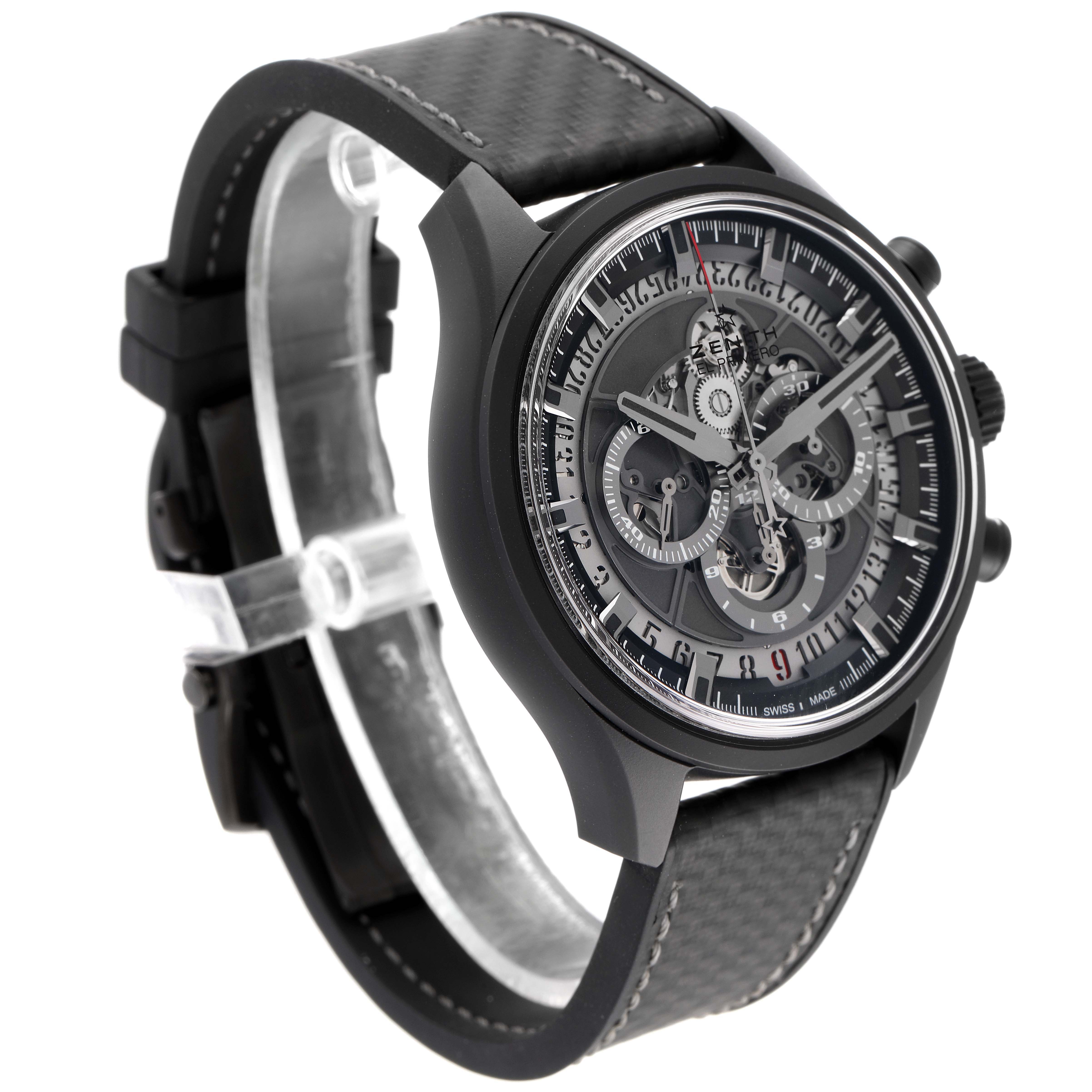 The image shows a side-angle view of the Zenith El Primero 24.2520.400 Men's Ceramic Grey Dial 24.2520.400 Men's Ceramic Grey Dial watch, highlighting the strap and detailed face with visible gears.