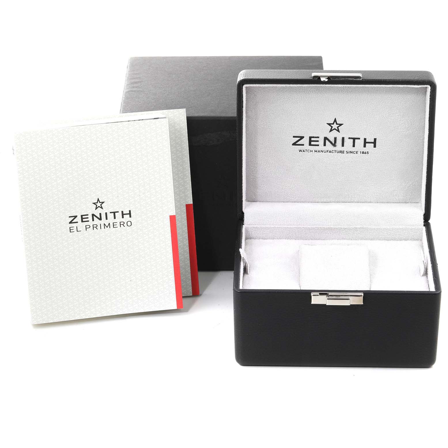 This image shows the packaging including the box and manual for the Zenith El Primero 24.2520.400 Men's Ceramic Grey Dial 24.2520.400 Men's Ceramic Grey Dial watch, taken from a front angle.