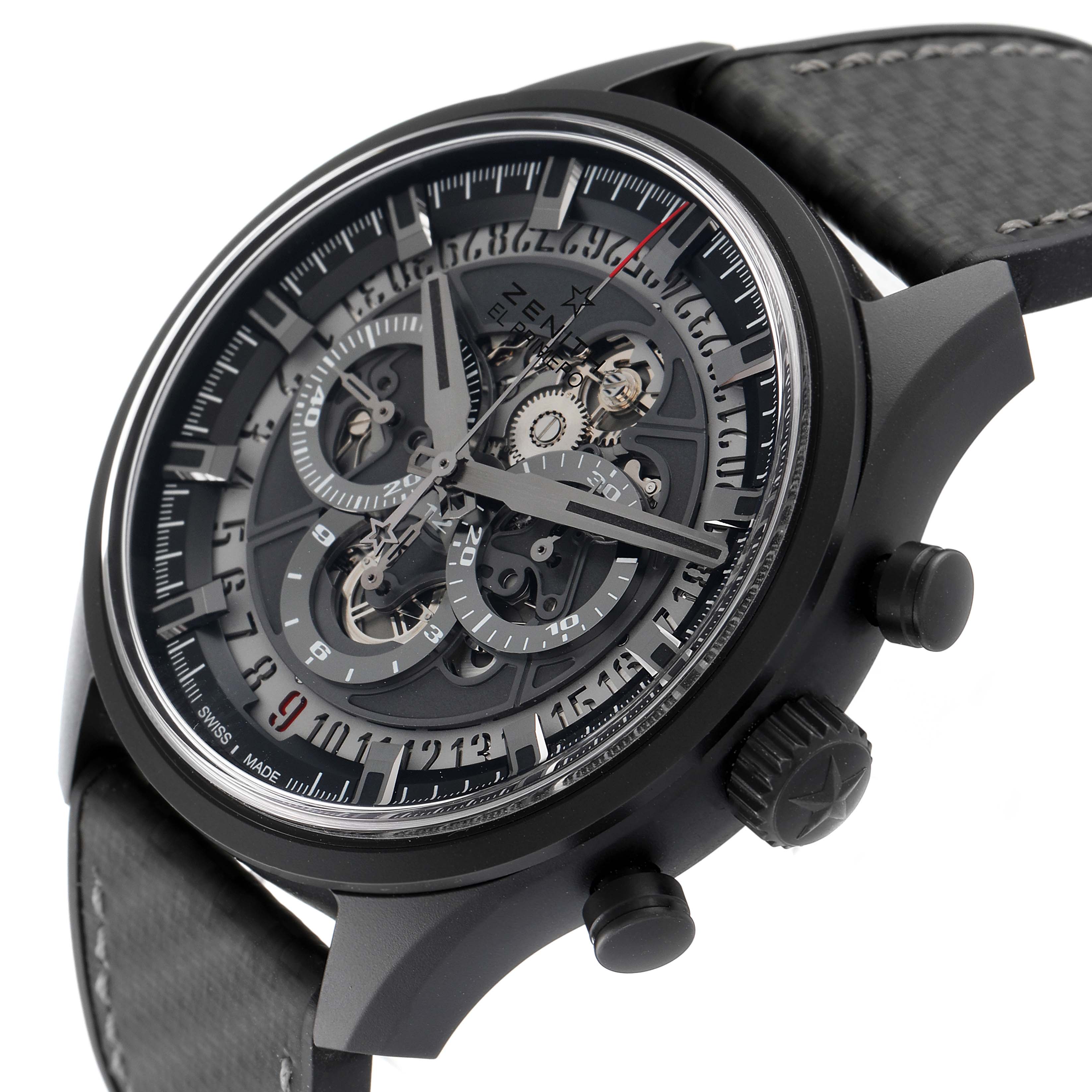 The image shows a close-up and angled view of the Zenith El Primero 24.2520.400 Men's Ceramic Grey Dial 24.2520.400 Men's Ceramic Grey Dial watch face, highlighting dials, gears, and side buttons.