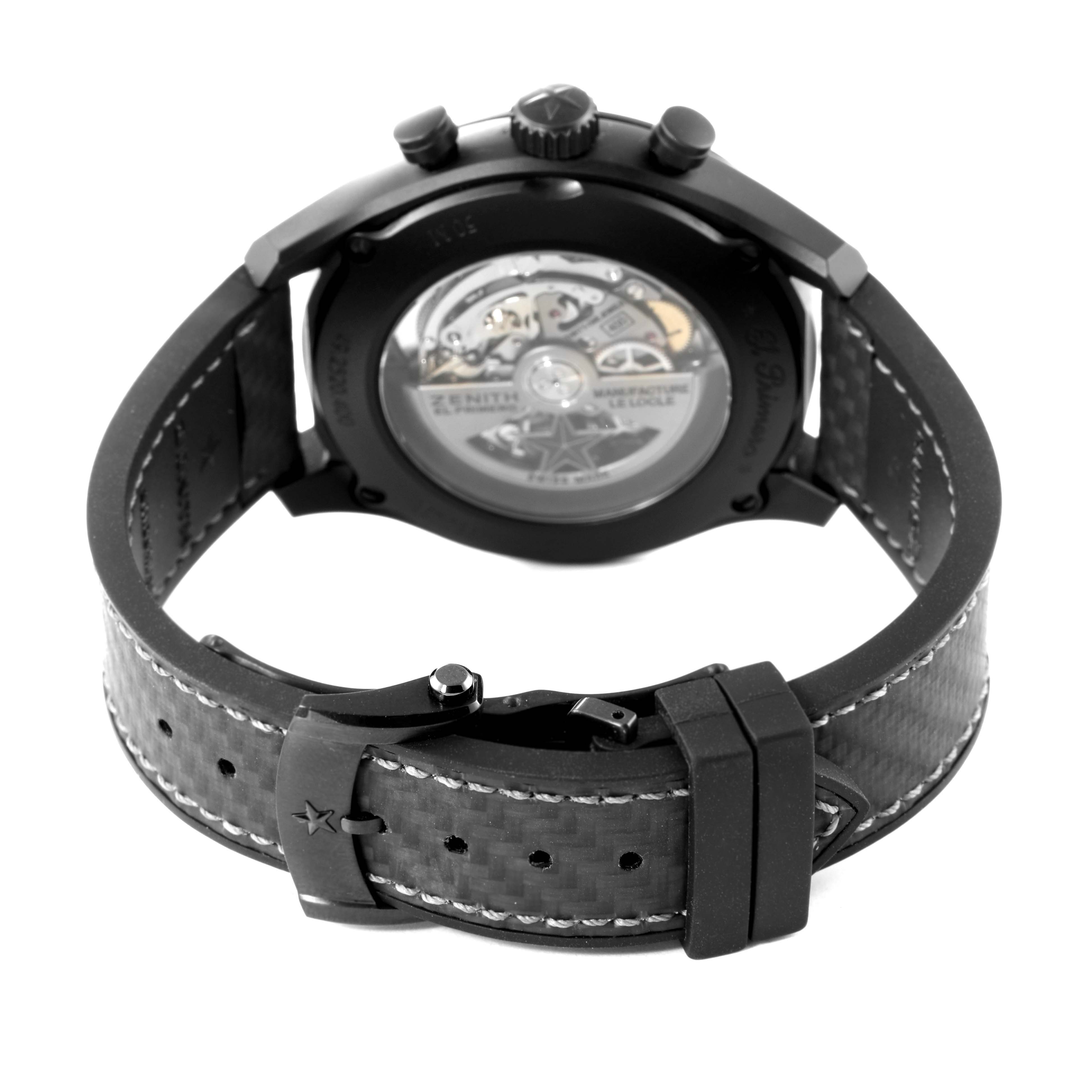 The image shows the back view of a Zenith El Primero 24.2520.400 Men's Ceramic Grey Dial 24.2520.400 Men's Ceramic Grey Dial watch, highlighting its movement and buckle.