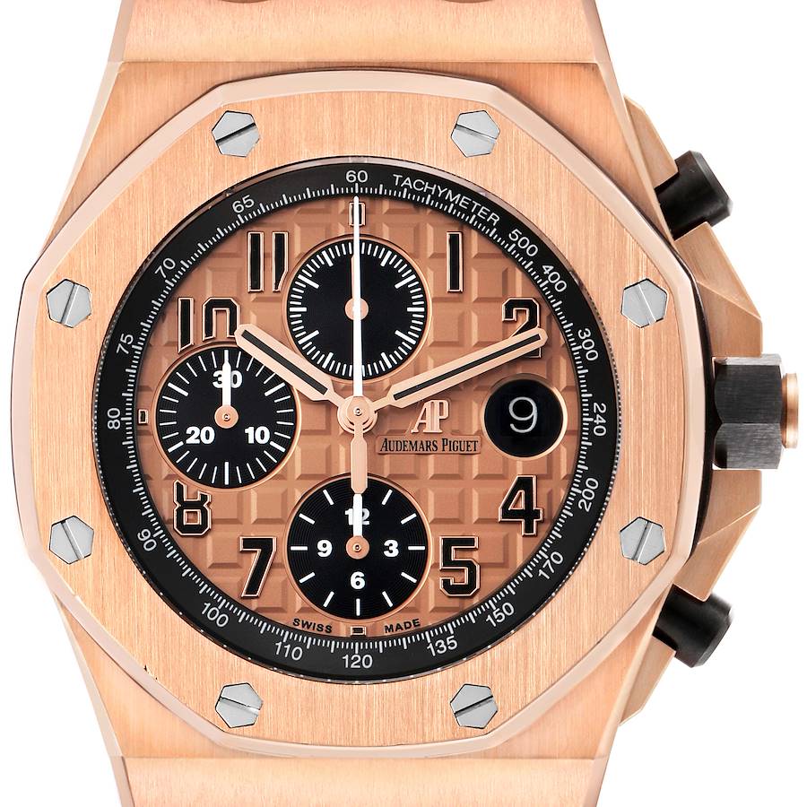 The image shows a frontal view of the Audemars Piguet Royal Oak Offshore watch, highlighting its dial, bezel, and chronograph sub-dials.