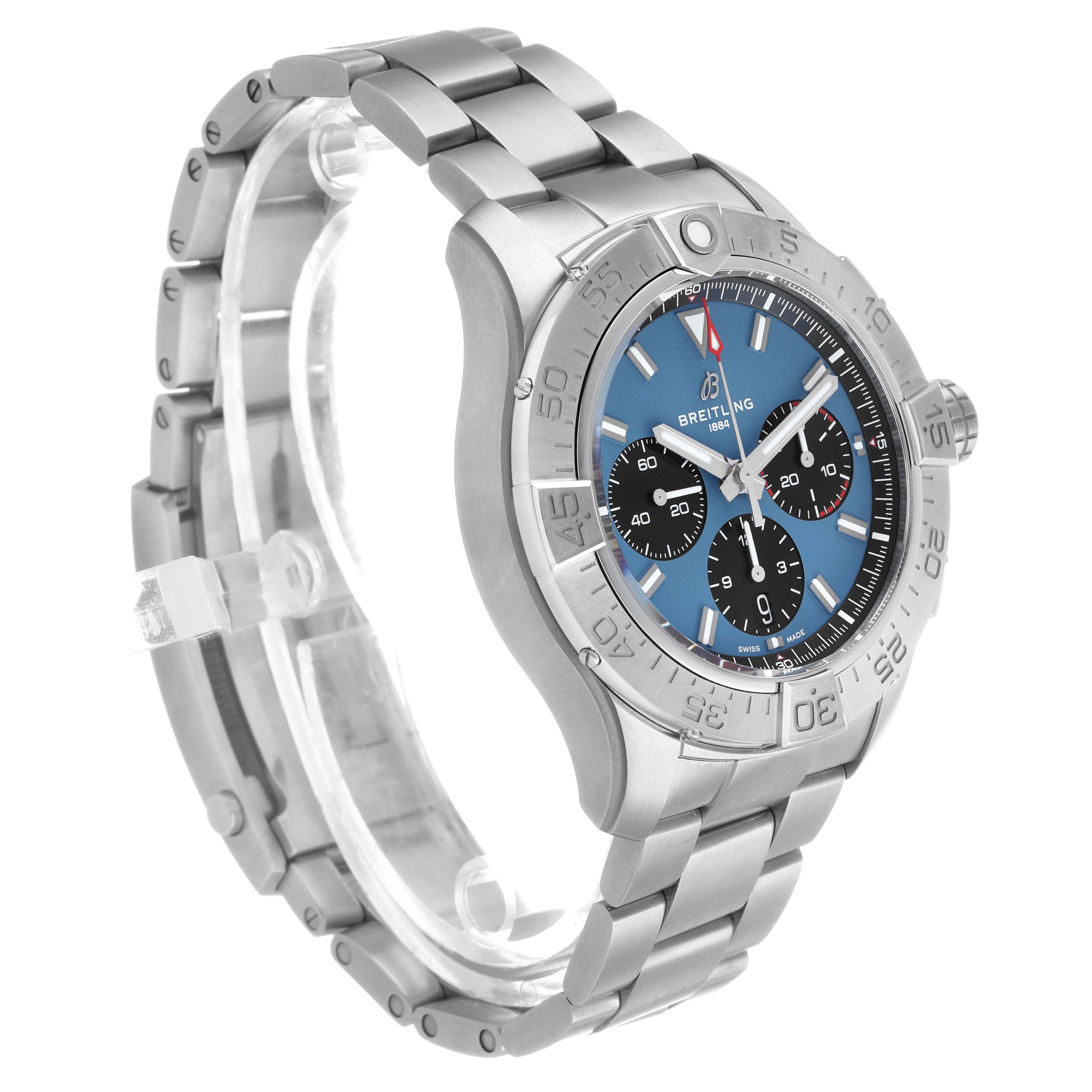 The Breitling Avenger AB0147 Men's Stainless Steel Blue Dial watch is shown from a front-side angle, highlighting the bracelet, bezel, and blue dial with subdials.