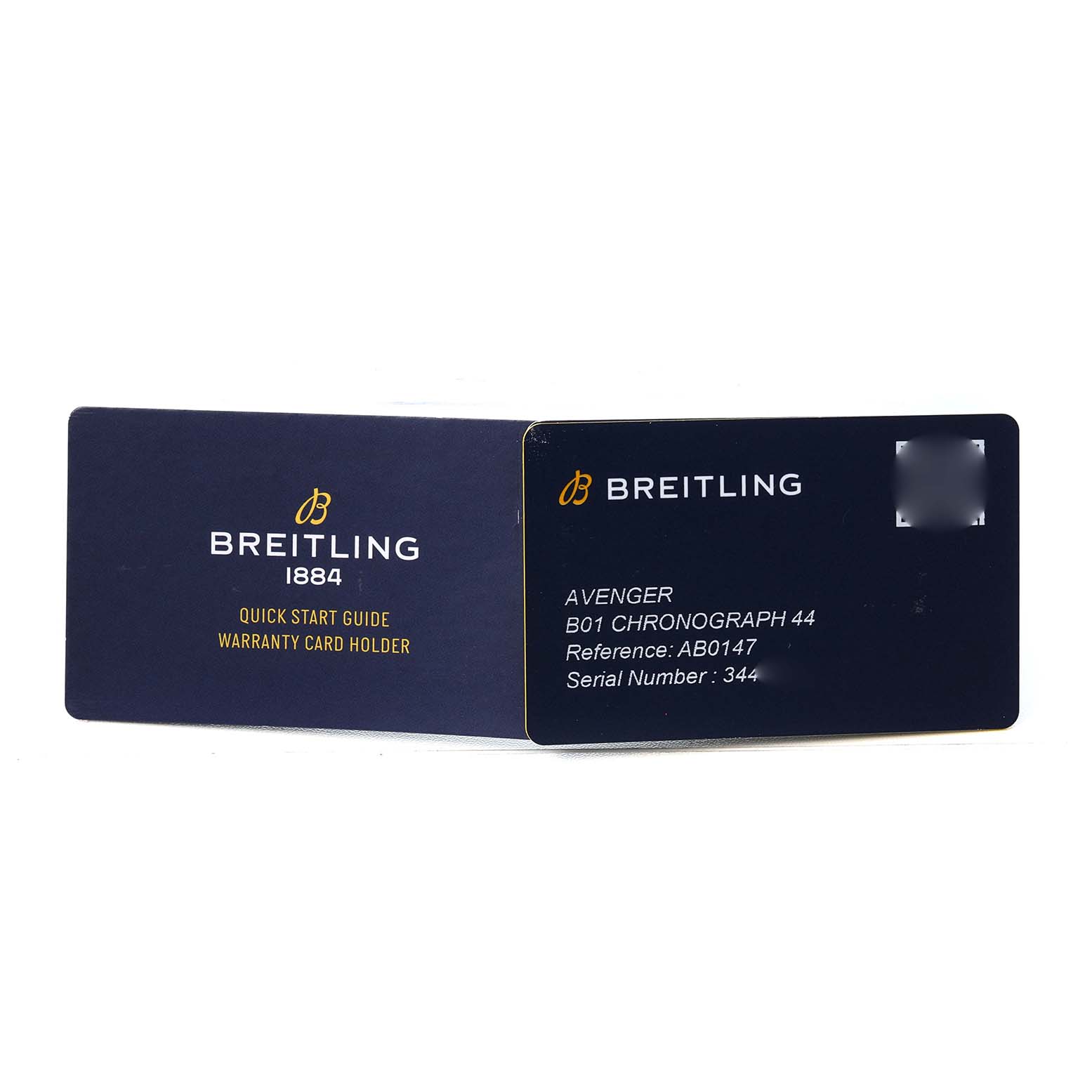The image shows a Breitling Avenger AB0147 Men's Stainless Steel Blue Dial warranty card holder and guide, angled open to display product details.