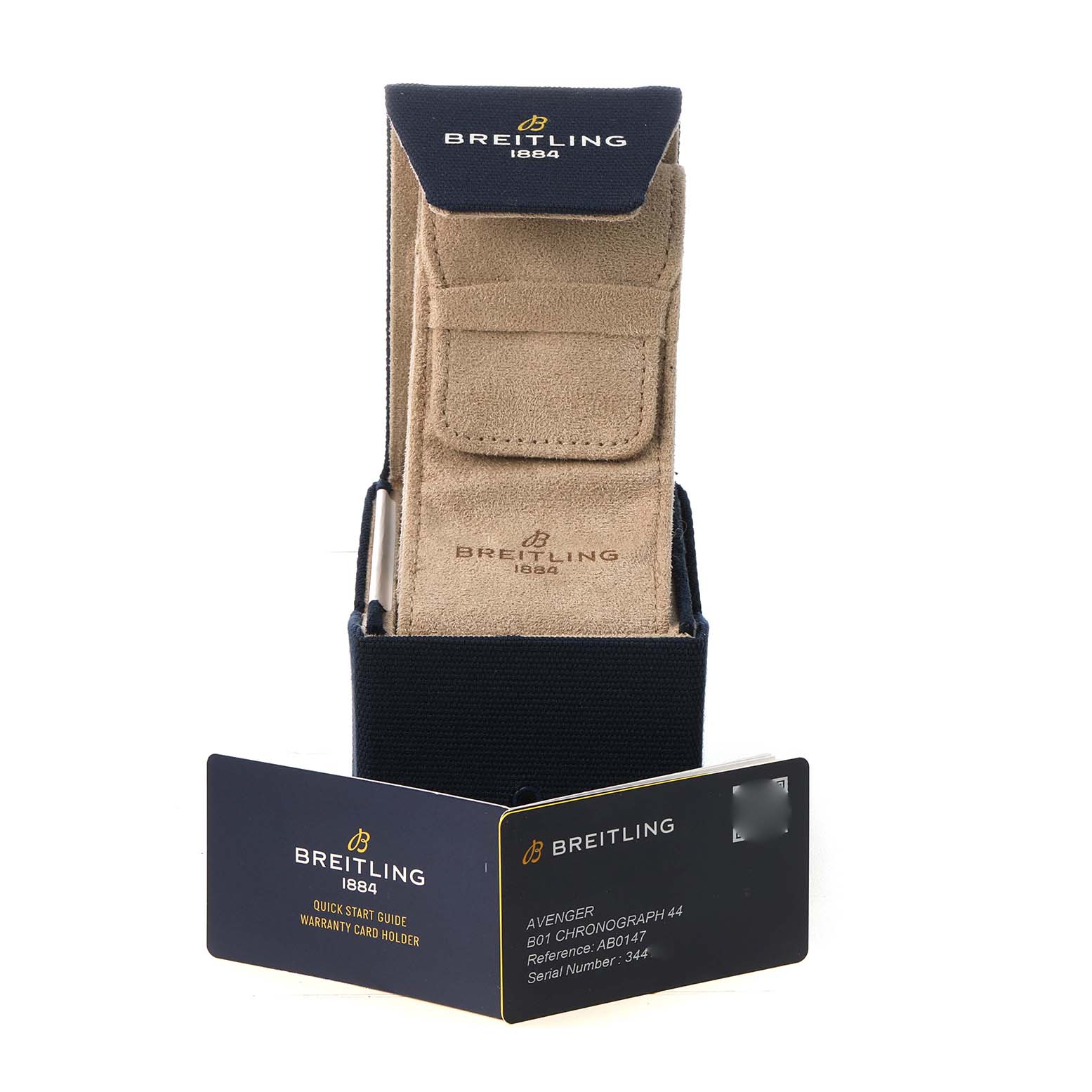 The image shows a Breitling Avenger AB0147 Men's Stainless Steel Blue Dial watch case and the quick start guide and warranty card holder from a front angle.