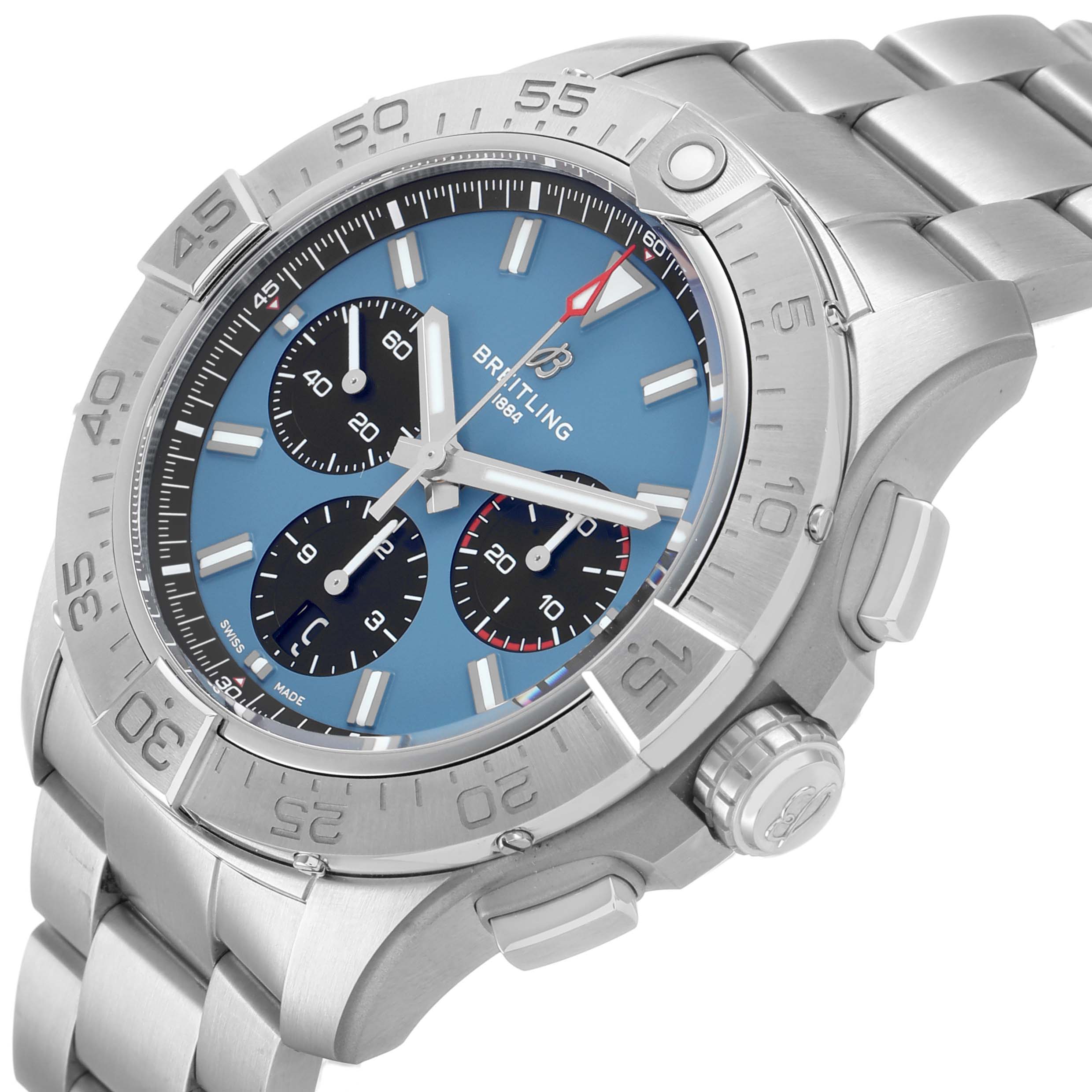 The Breitling Avenger AB0147 Men's Stainless Steel Blue Dial watch is shown from a three-quarter angle, highlighting the dial, bezel, crown, and part of the bracelet.