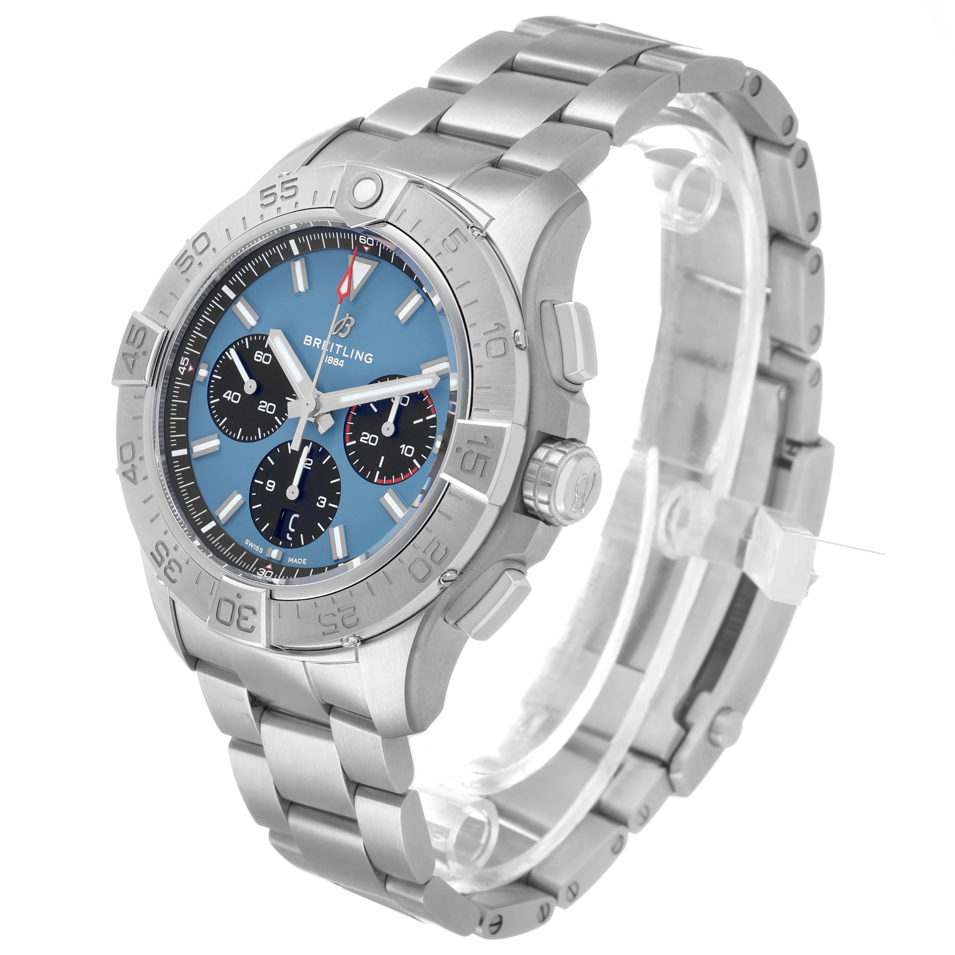 The Breitling Avenger AB0147 Men's Stainless Steel Blue Dial watch is shown at a three-quarter angle, displaying the bracelet, bezel, crown, and dial with subdials.