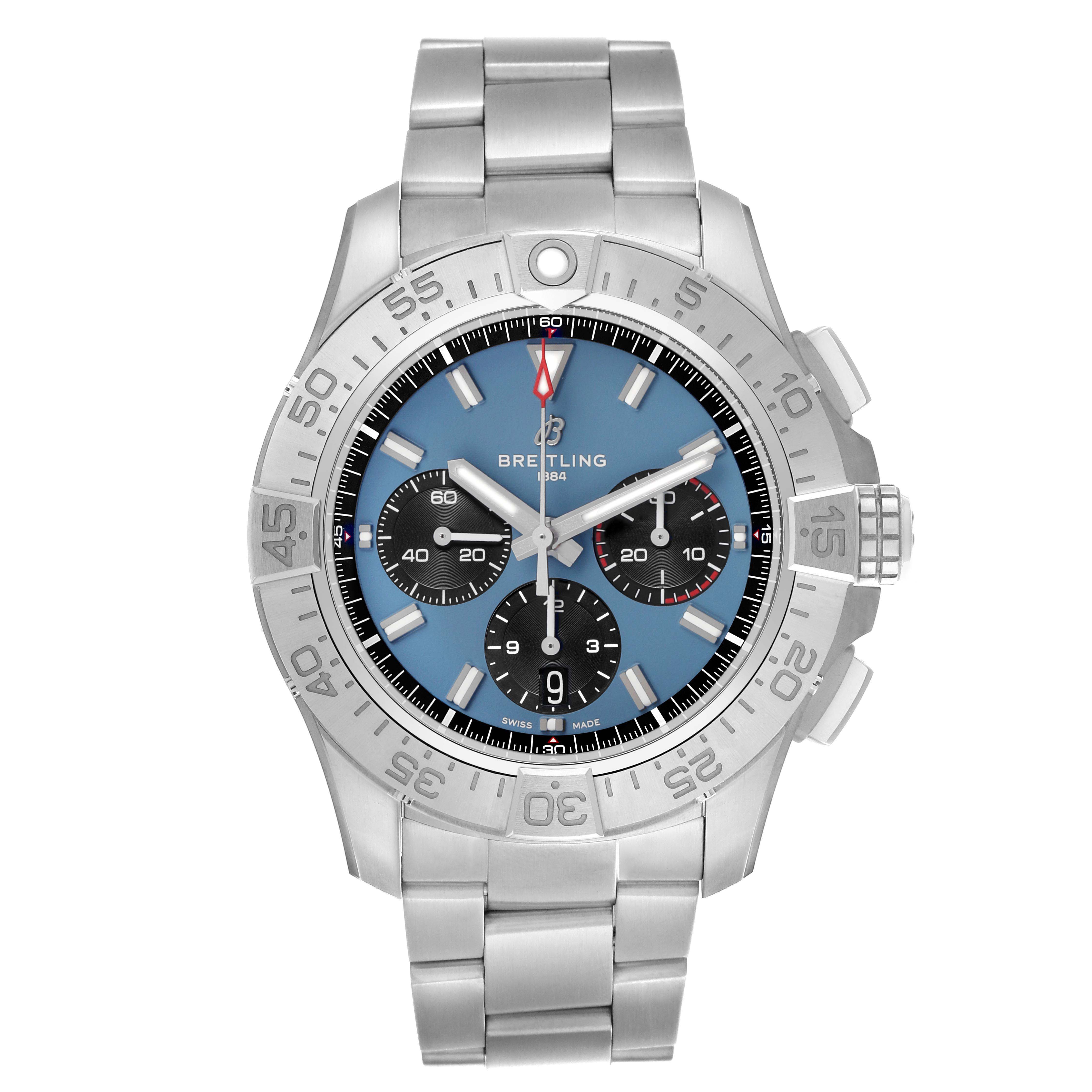 The Breitling Avenger AB0147 Men's Stainless Steel Blue Dial watch is shown from a front angle highlighting the face, bezel, and bracelet.
