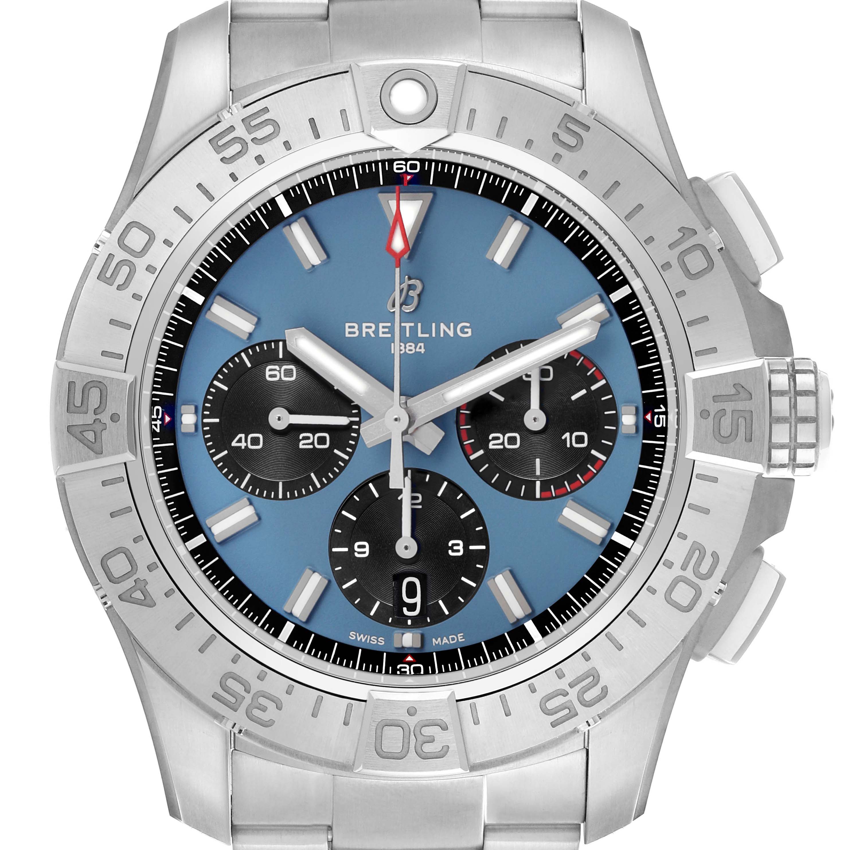 The Breitling Avenger AB0147 Men's Stainless Steel Blue Dial watch is shown from a top-down angle, highlighting the dial, case, bezel, and bracelet.