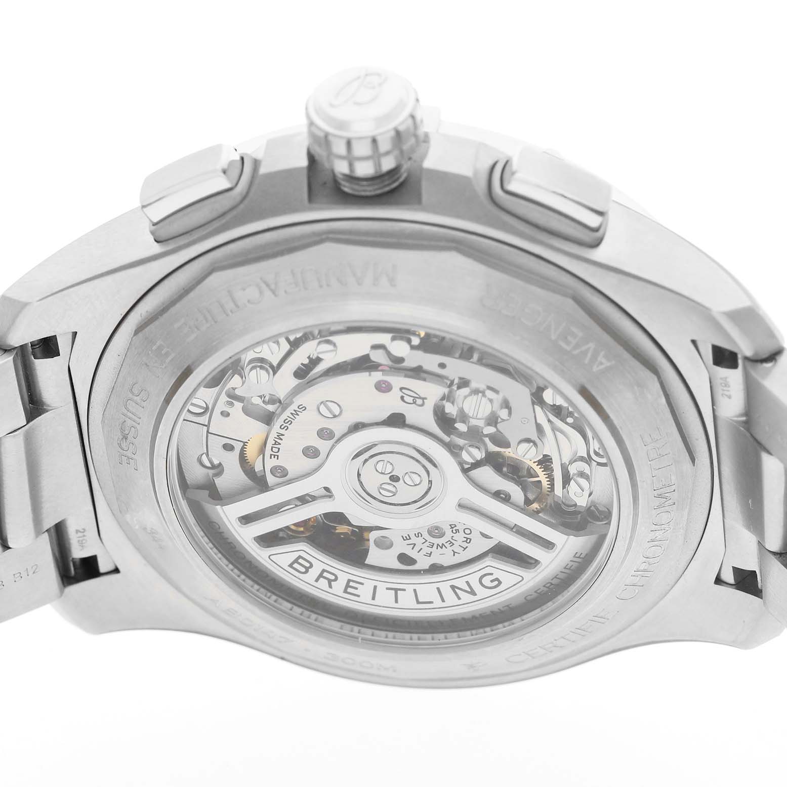 The image shows the back of a Breitling Avenger AB0147 Men's Stainless Steel Blue Dial watch, highlighting the transparent case back and visible internal mechanisms.