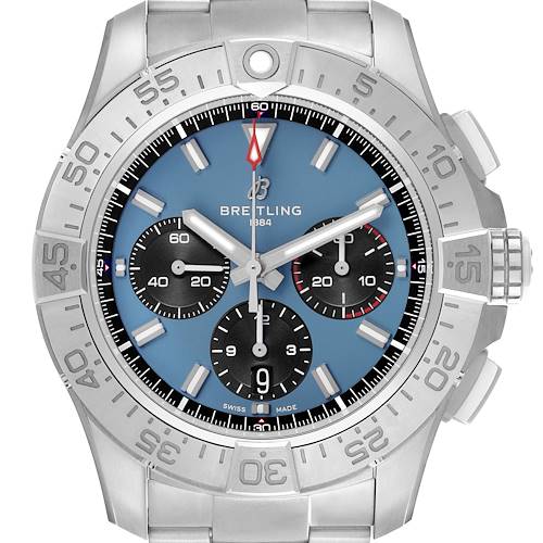 The Breitling Avenger AB0147 Men's Stainless Steel Blue Dial watch is shown from the front, displaying its silver bezel, blue dial, chronograph sub-dials, and bracelet.