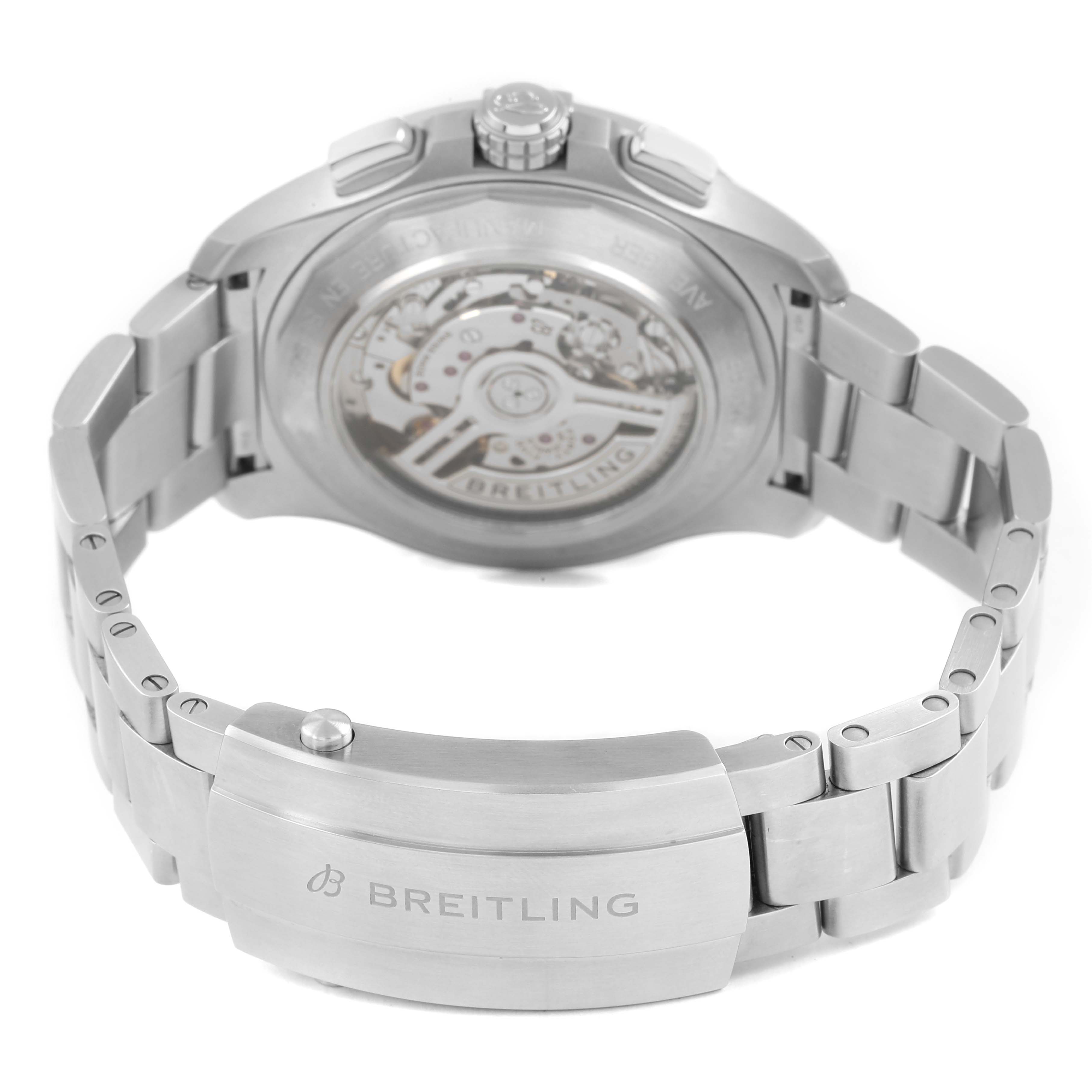 The image shows the back view of a Breitling Avenger AB0147 Men's Stainless Steel Blue Dial watch, highlighting the exhibition case back and bracelet clasp.