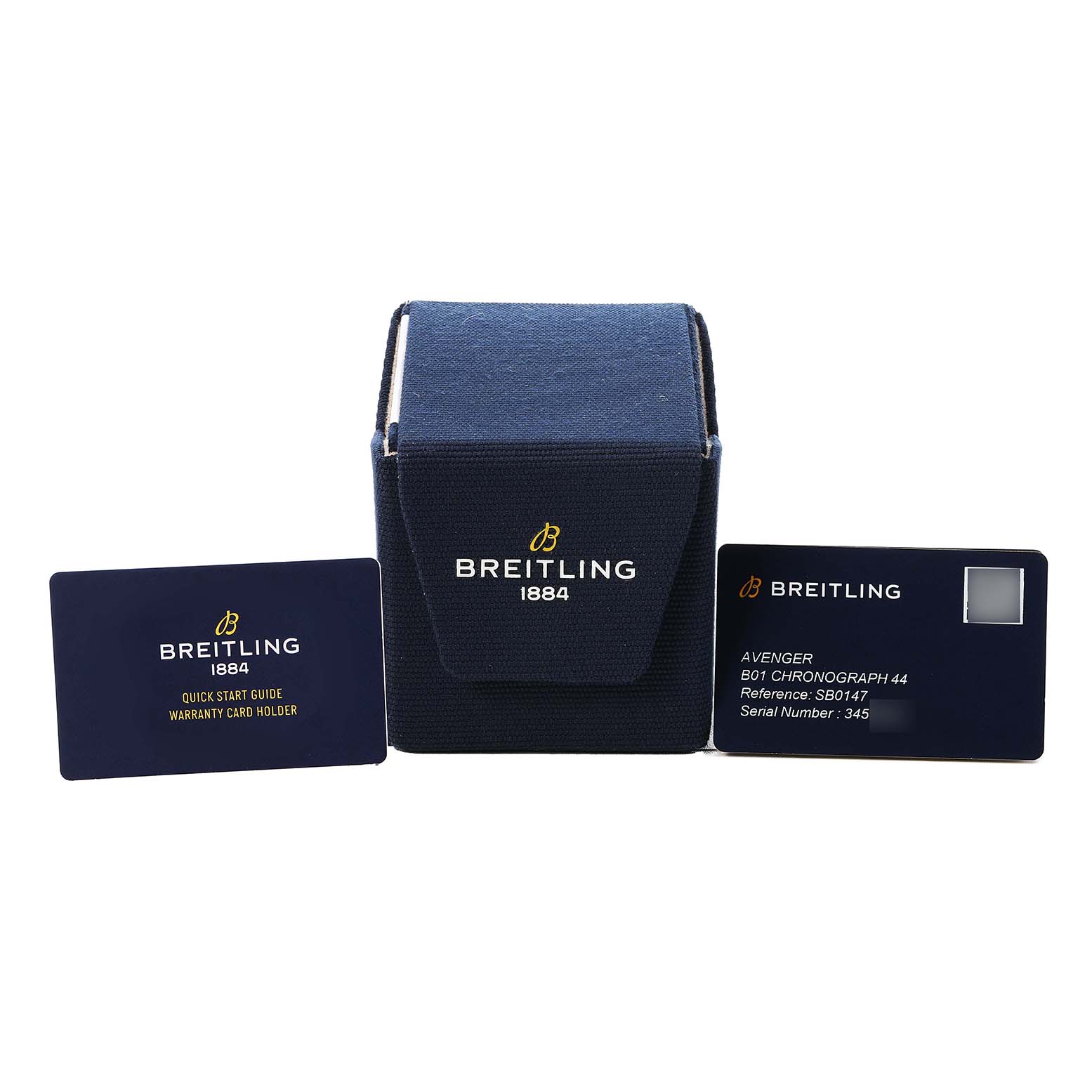 The image shows a Breitling Avenger SB0147 Men's Ceramic Black Dial watch case, quick start guide, and warranty card, all from a front angle.
