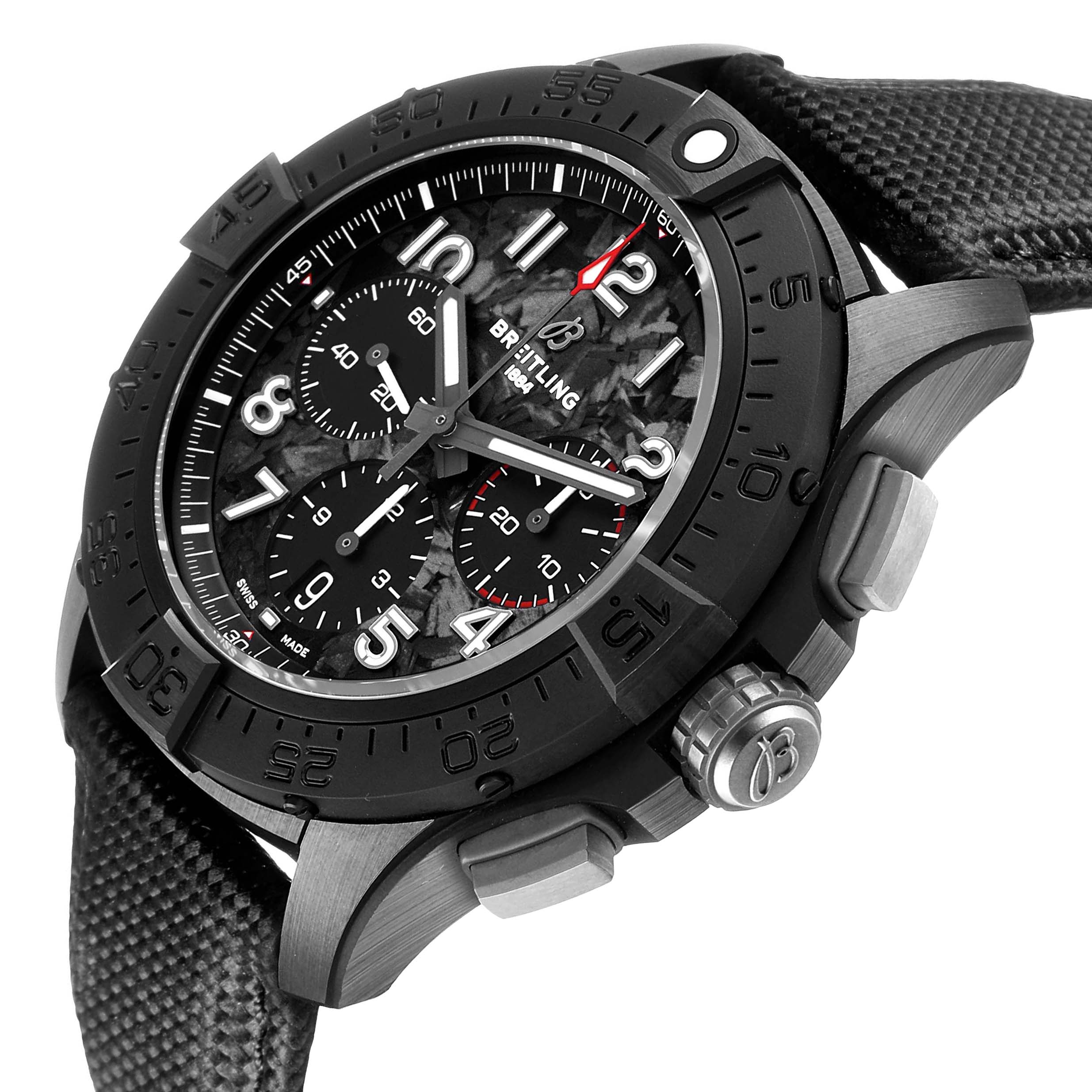 The Breitling Avenger SB0147 Men's Ceramic Black Dial watch is shown at a slight angle displaying the face, bezel, chronograph dials, and carbon strap.
