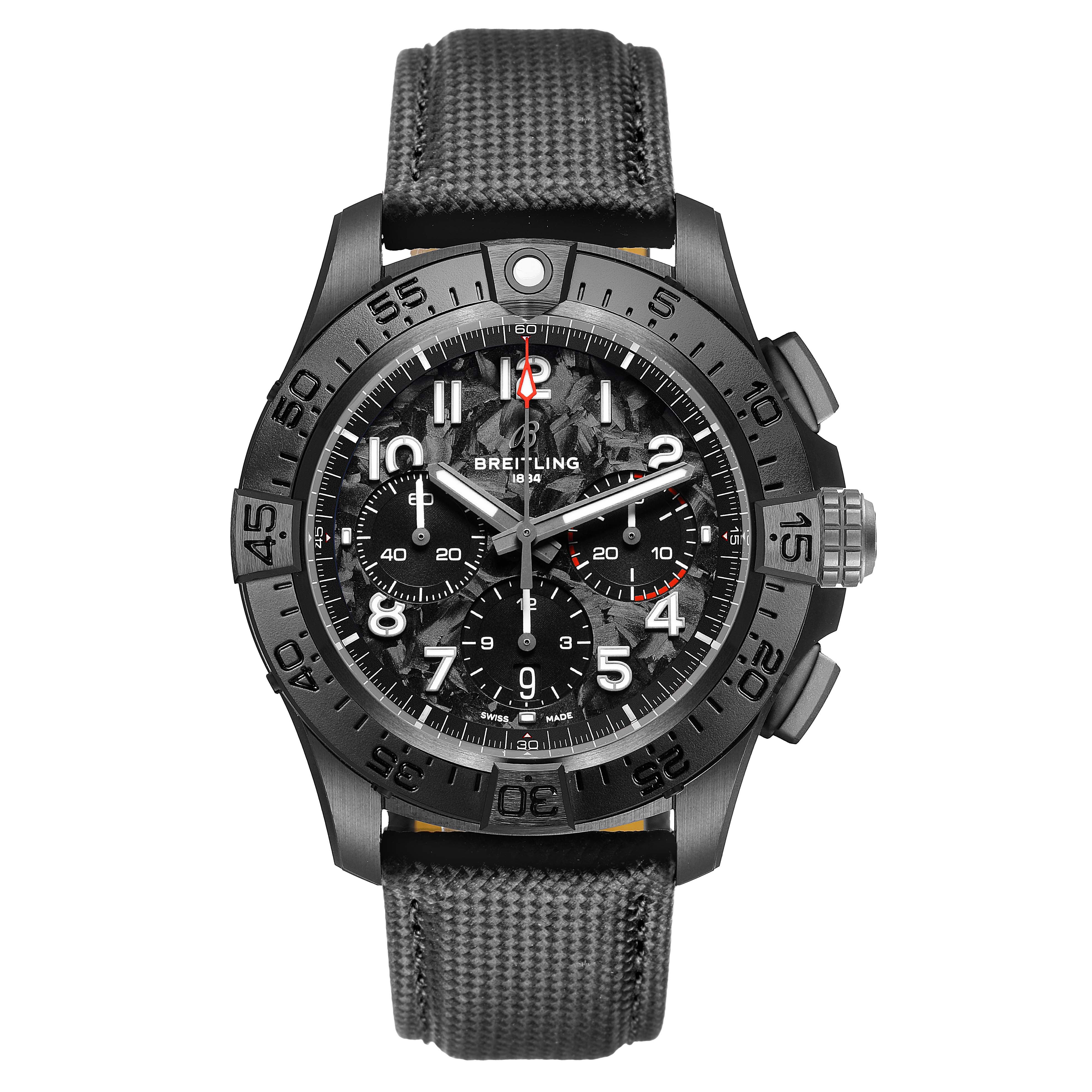 The Breitling Avenger SB0147 Men's Ceramic Black Dial watch is shown from a front angle, highlighting the dial, bezel, and strap.